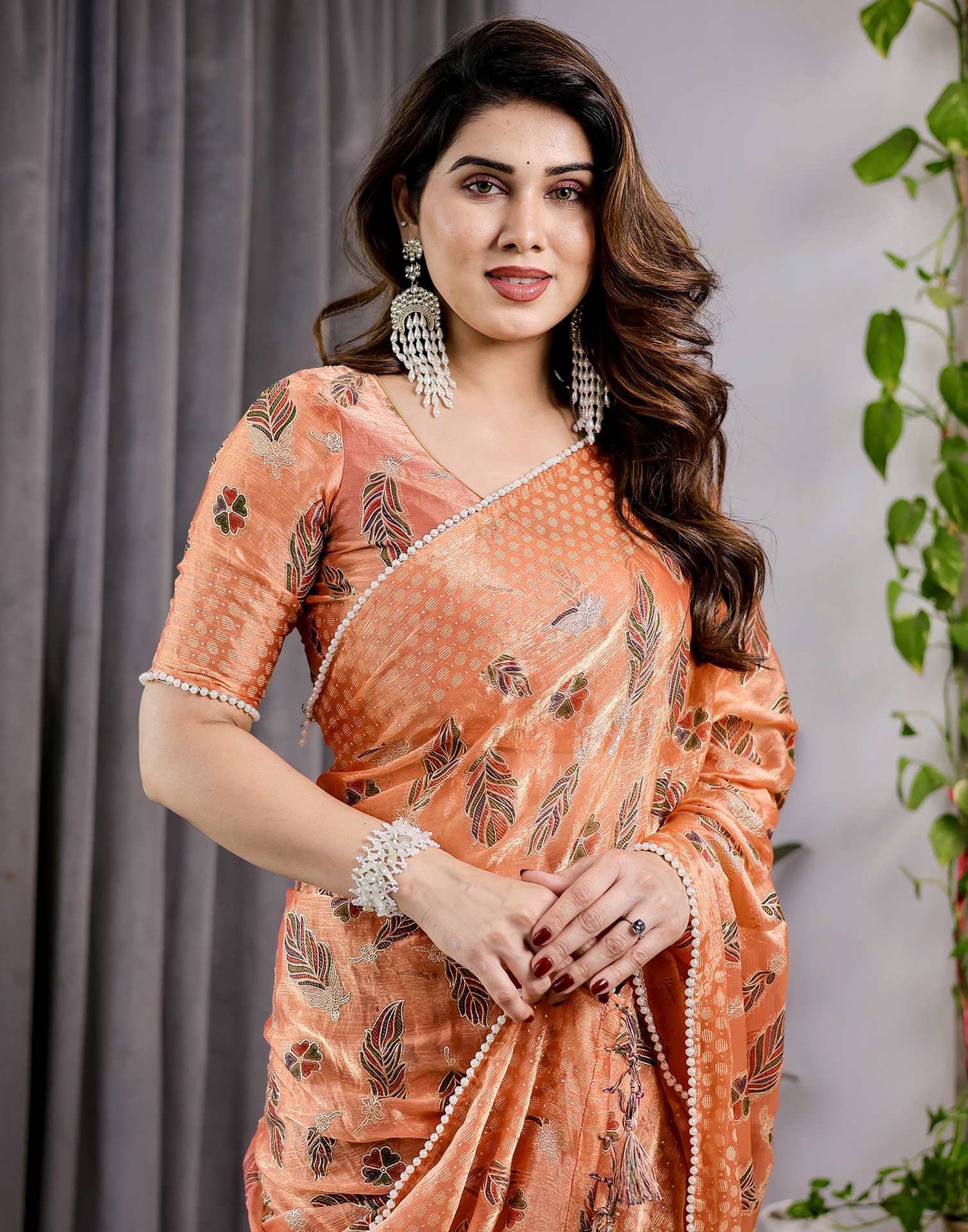 Orange Shimmer Chiffon Foil Printed Saree