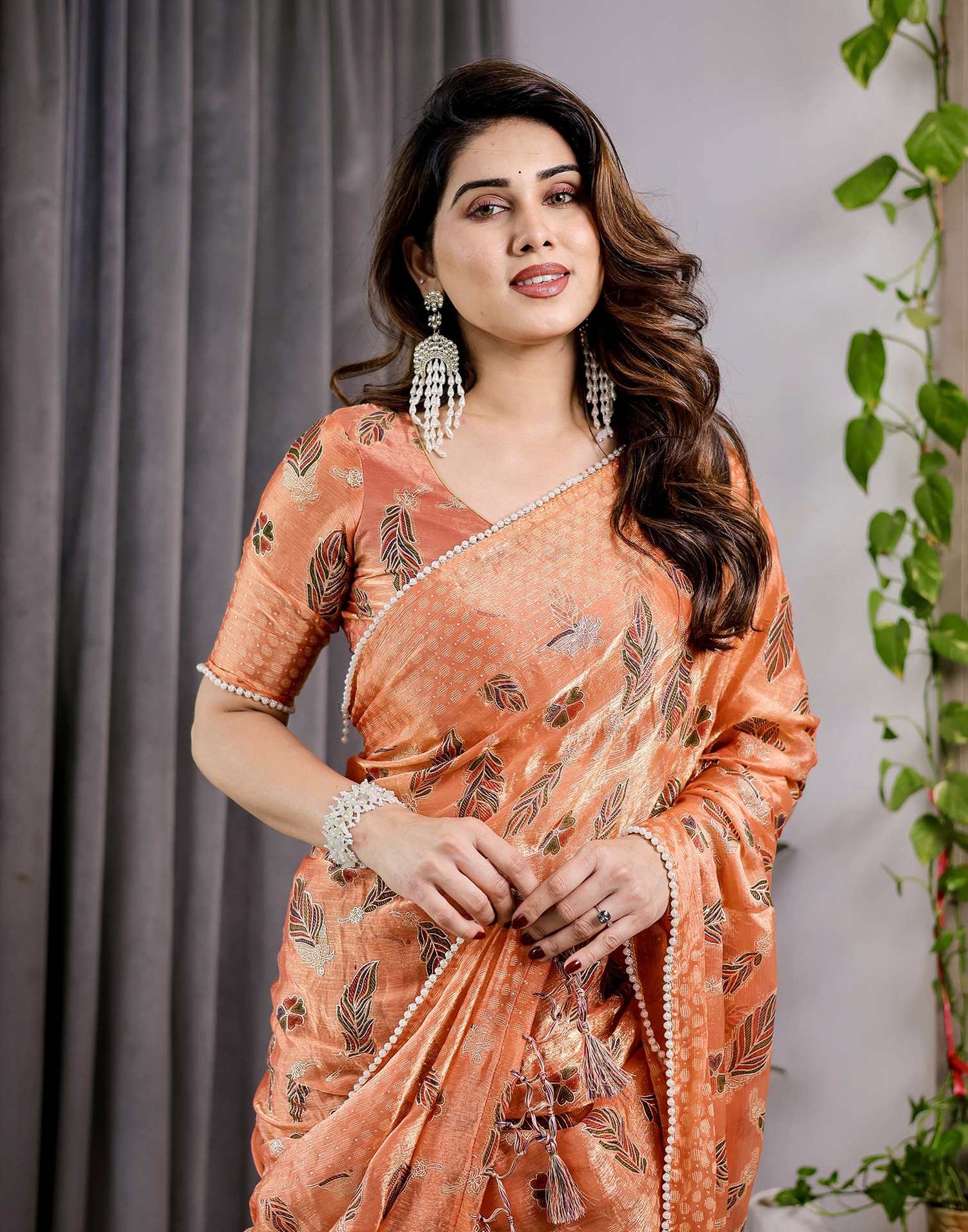 Orange Shimmer Chiffon Foil Printed Saree