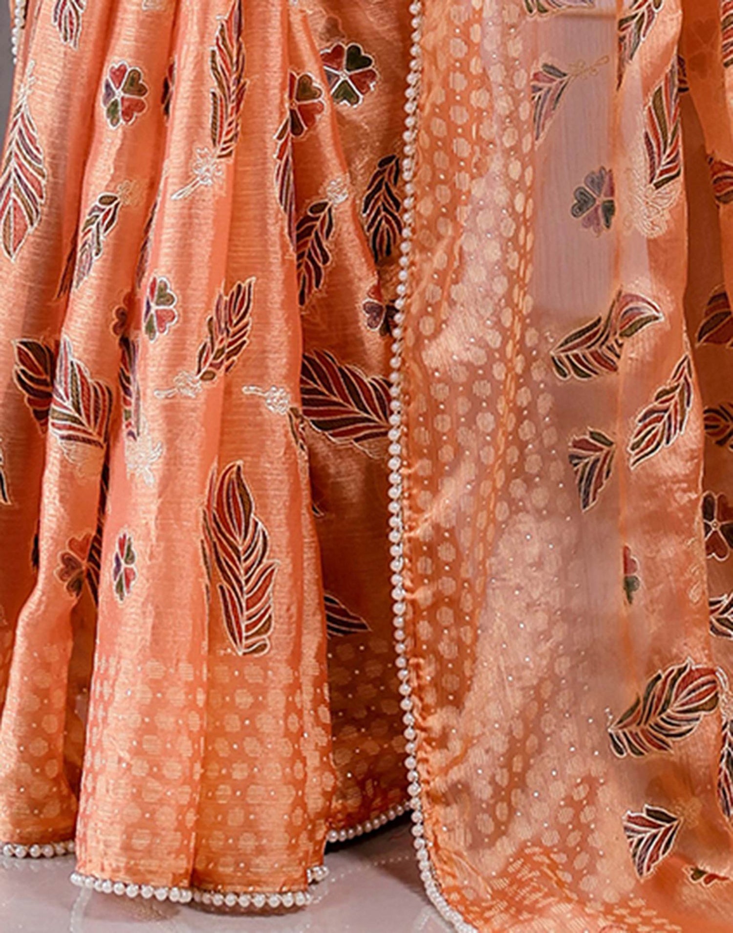 Orange Shimmer Chiffon Foil Printed Saree
