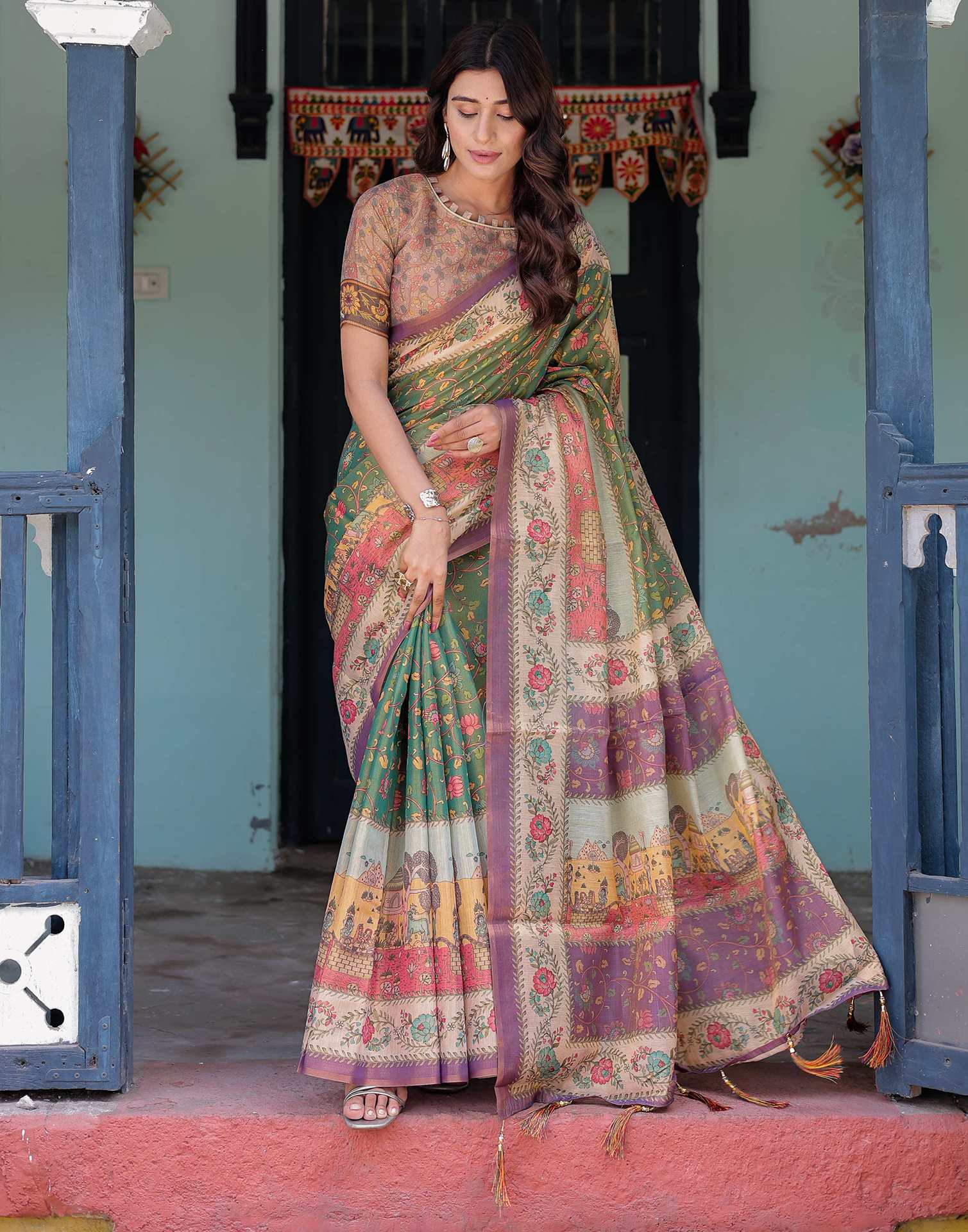 Green Shimmer Silk Printed Saree