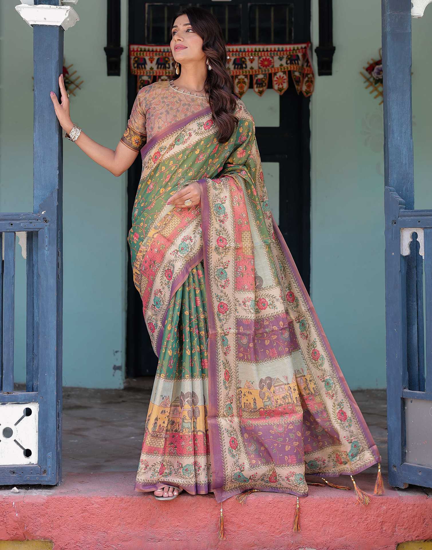 Green Shimmer Silk Printed Saree