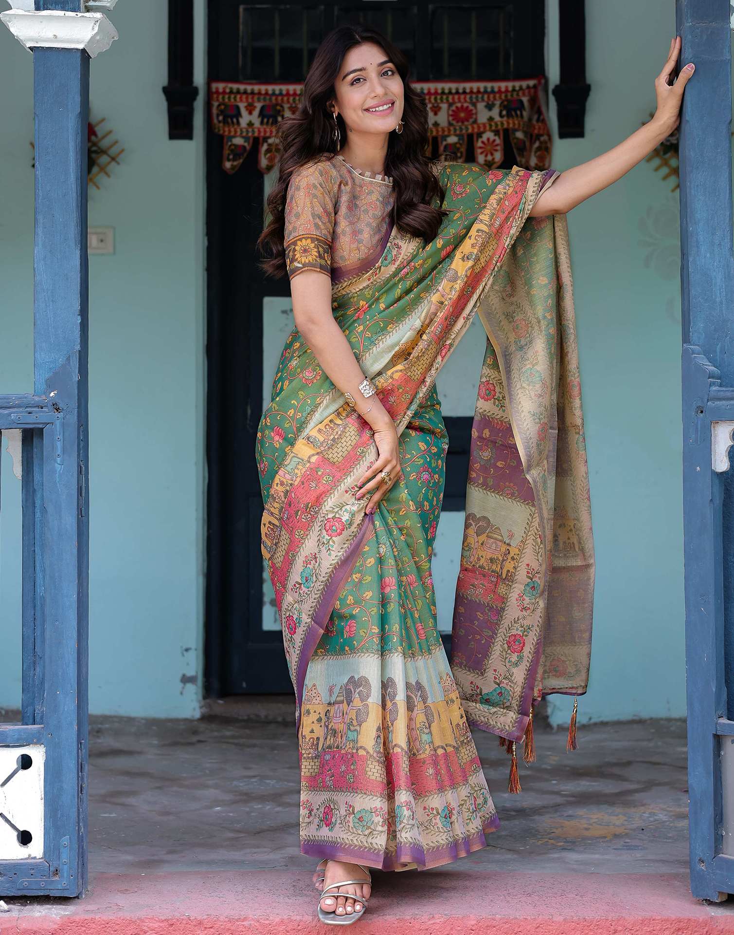 Green Shimmer Silk Printed Saree