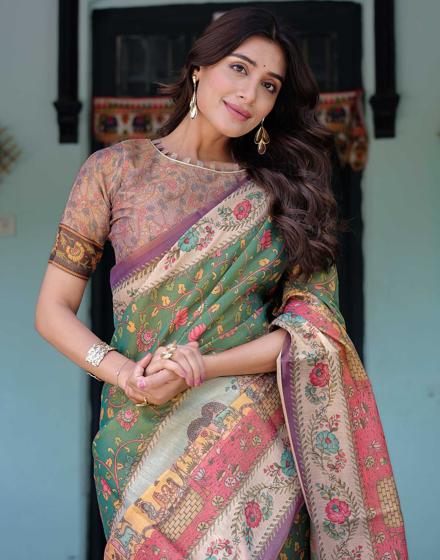 Green Shimmer Silk Printed Saree