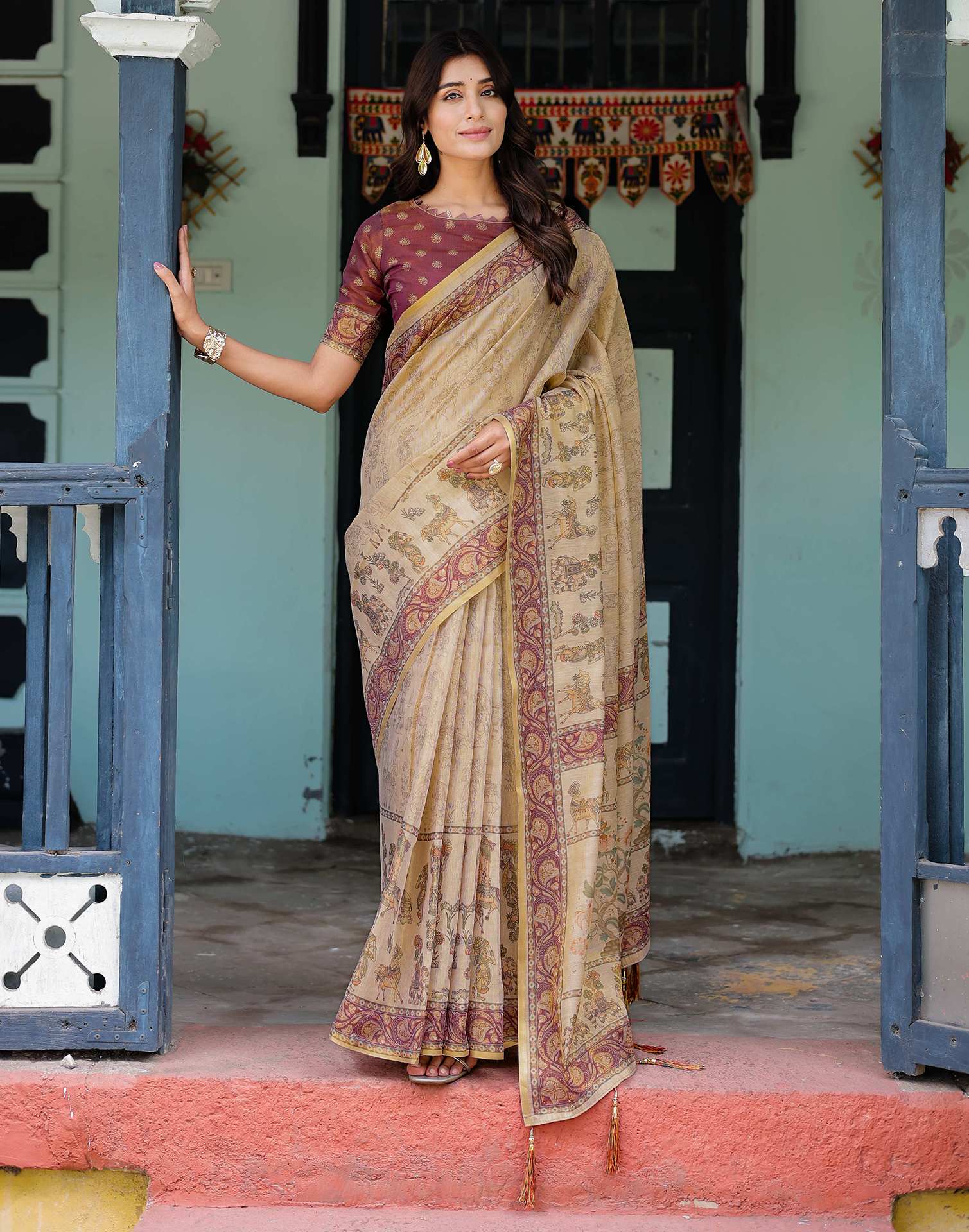 Beige Shimmer Silk Printed Saree