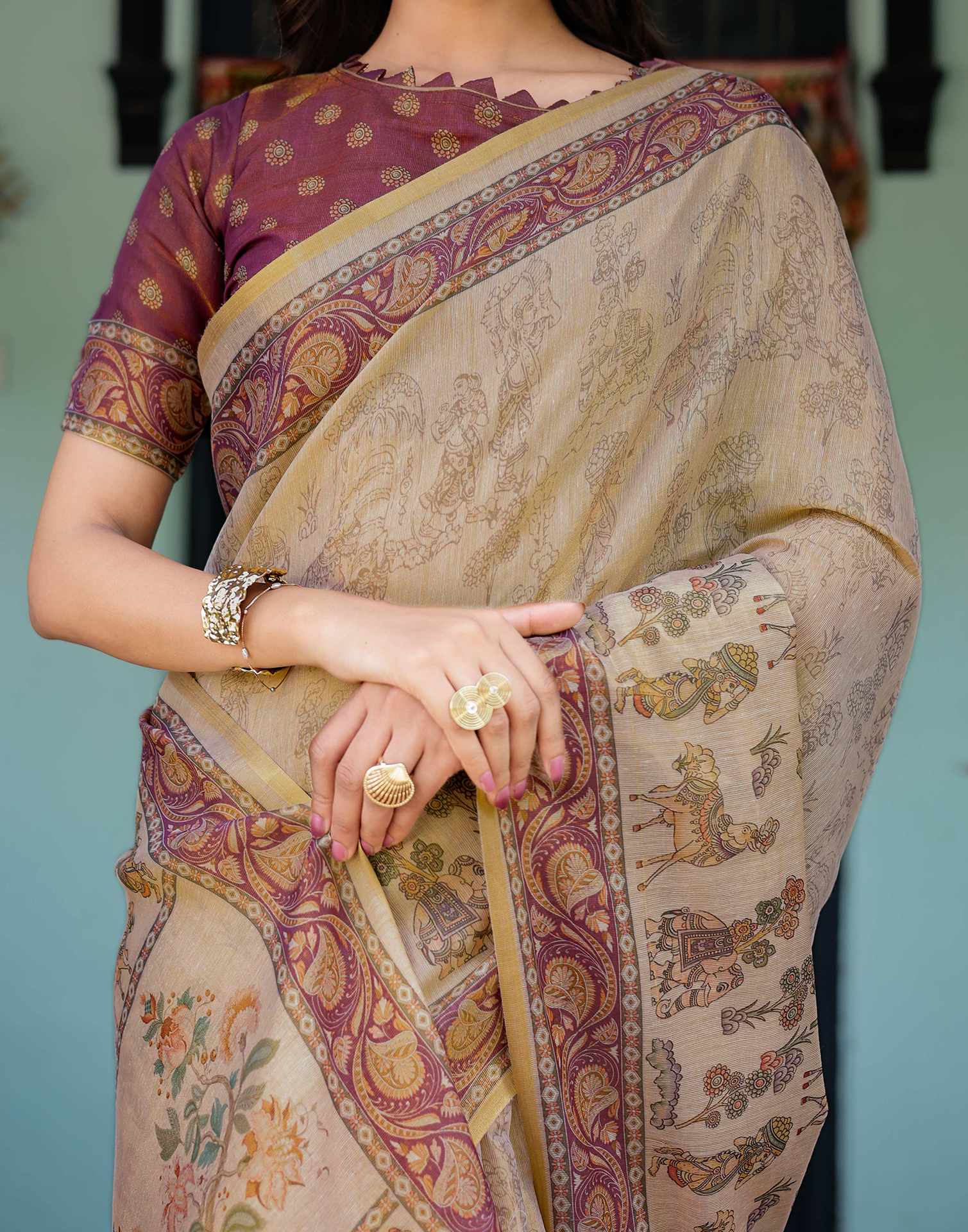 Beige Shimmer Silk Printed Saree
