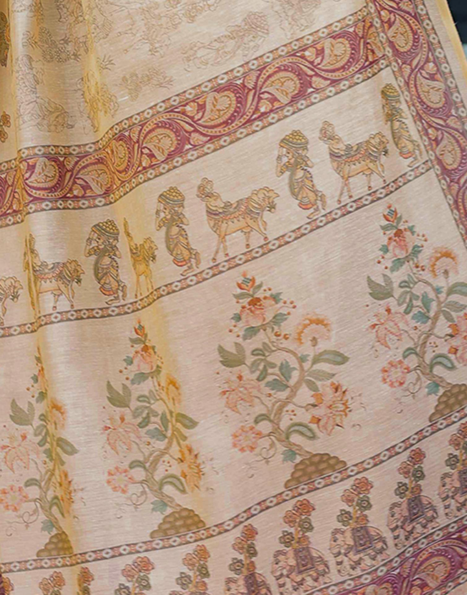Beige Shimmer Silk Printed Saree