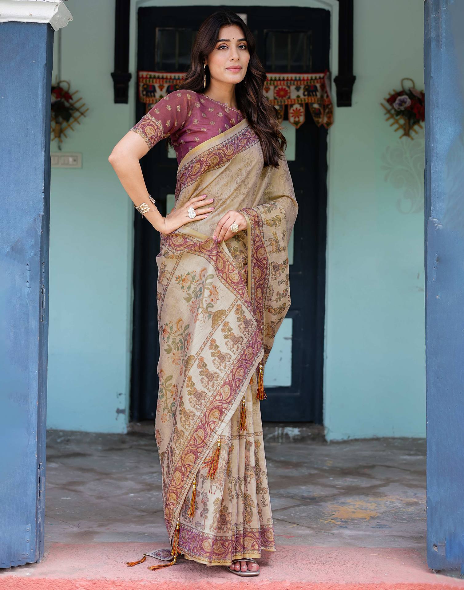 Beige Shimmer Silk Printed Saree