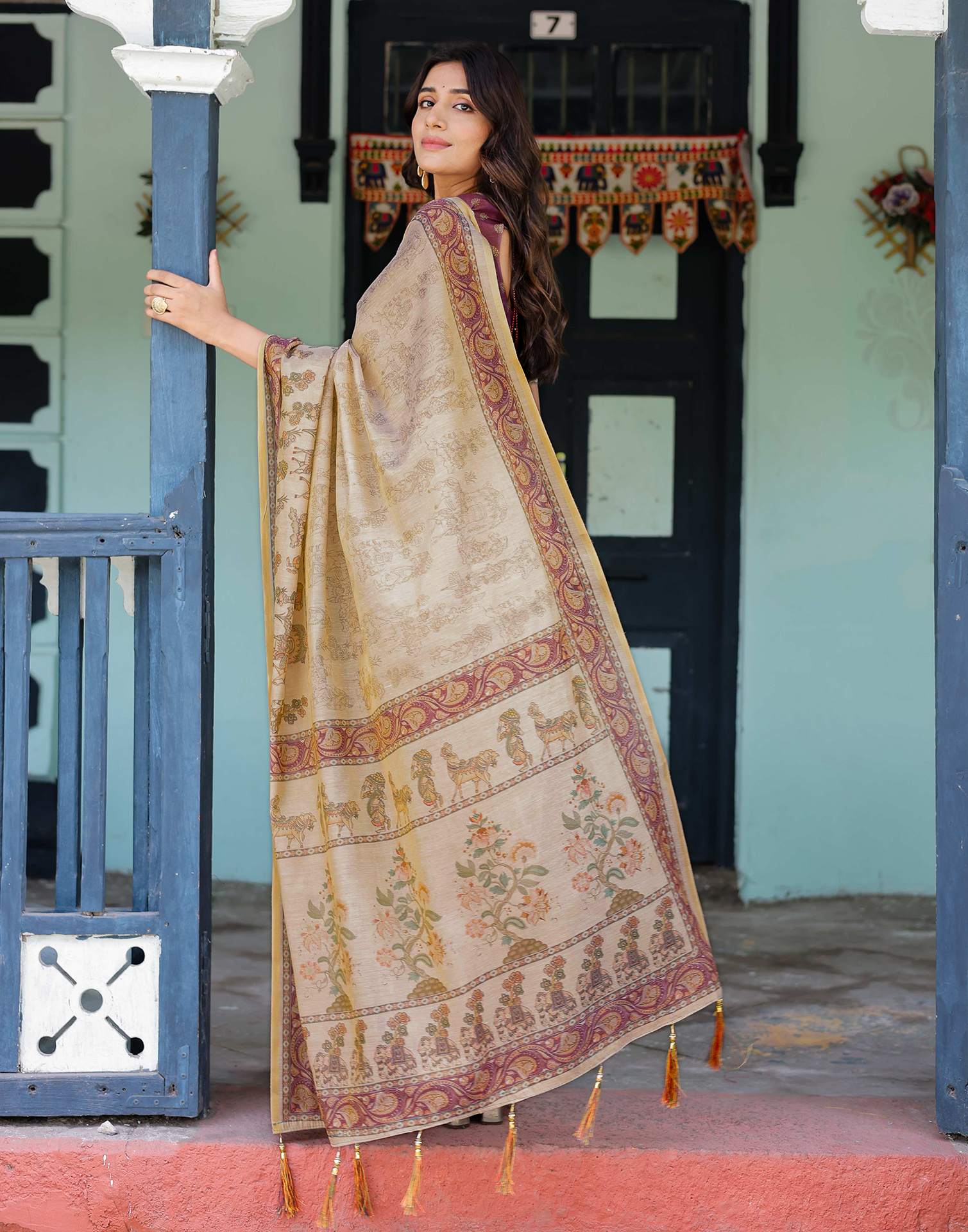 Beige Shimmer Silk Printed Saree