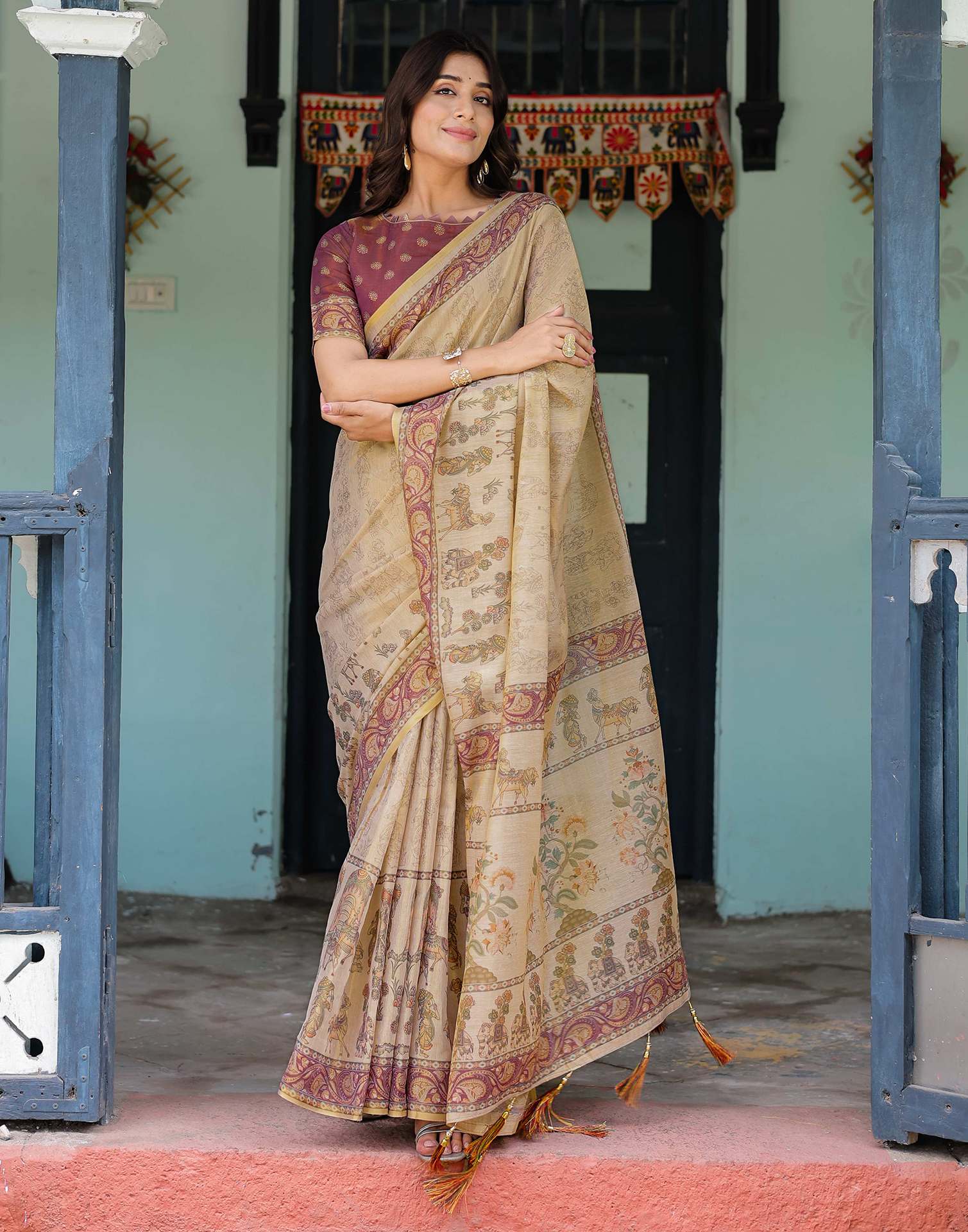 Beige Shimmer Silk Printed Saree