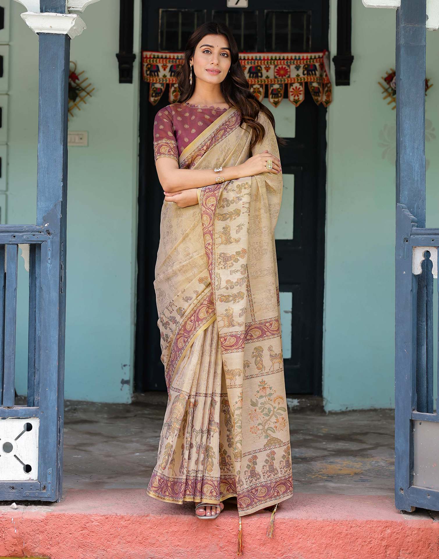 Beige Shimmer Silk Printed Saree