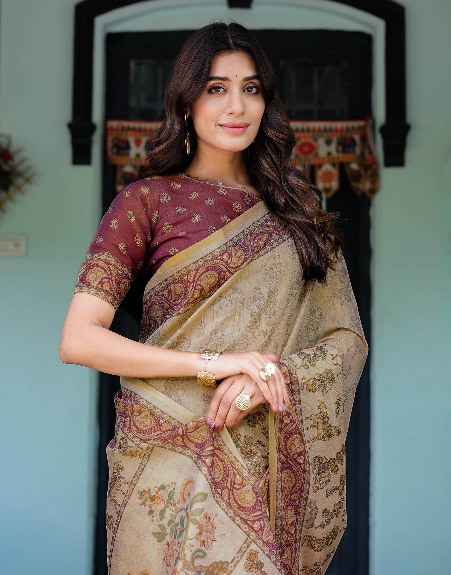 Beige Shimmer Silk Printed Saree