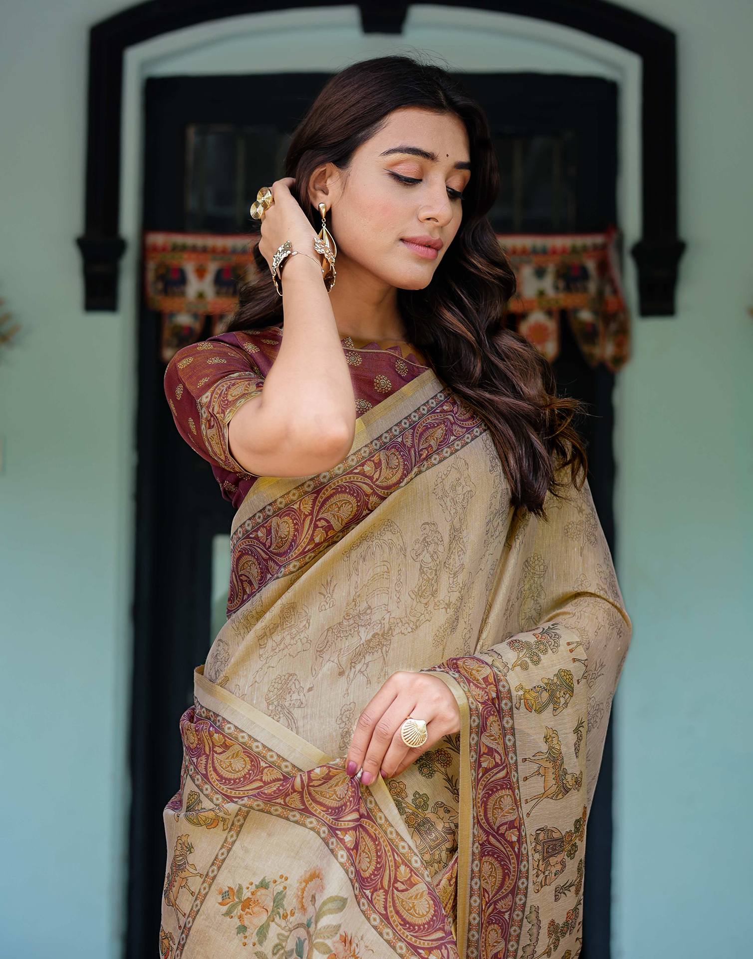 Beige Shimmer Silk Printed Saree