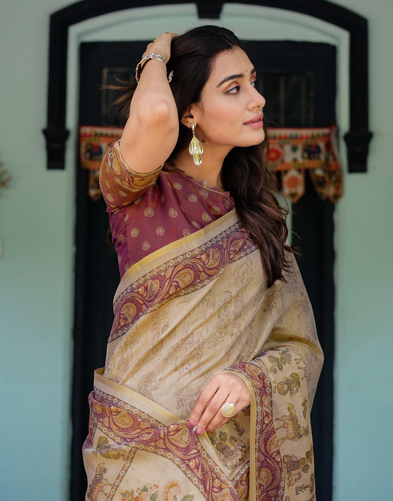 Beige Shimmer Silk Printed Saree