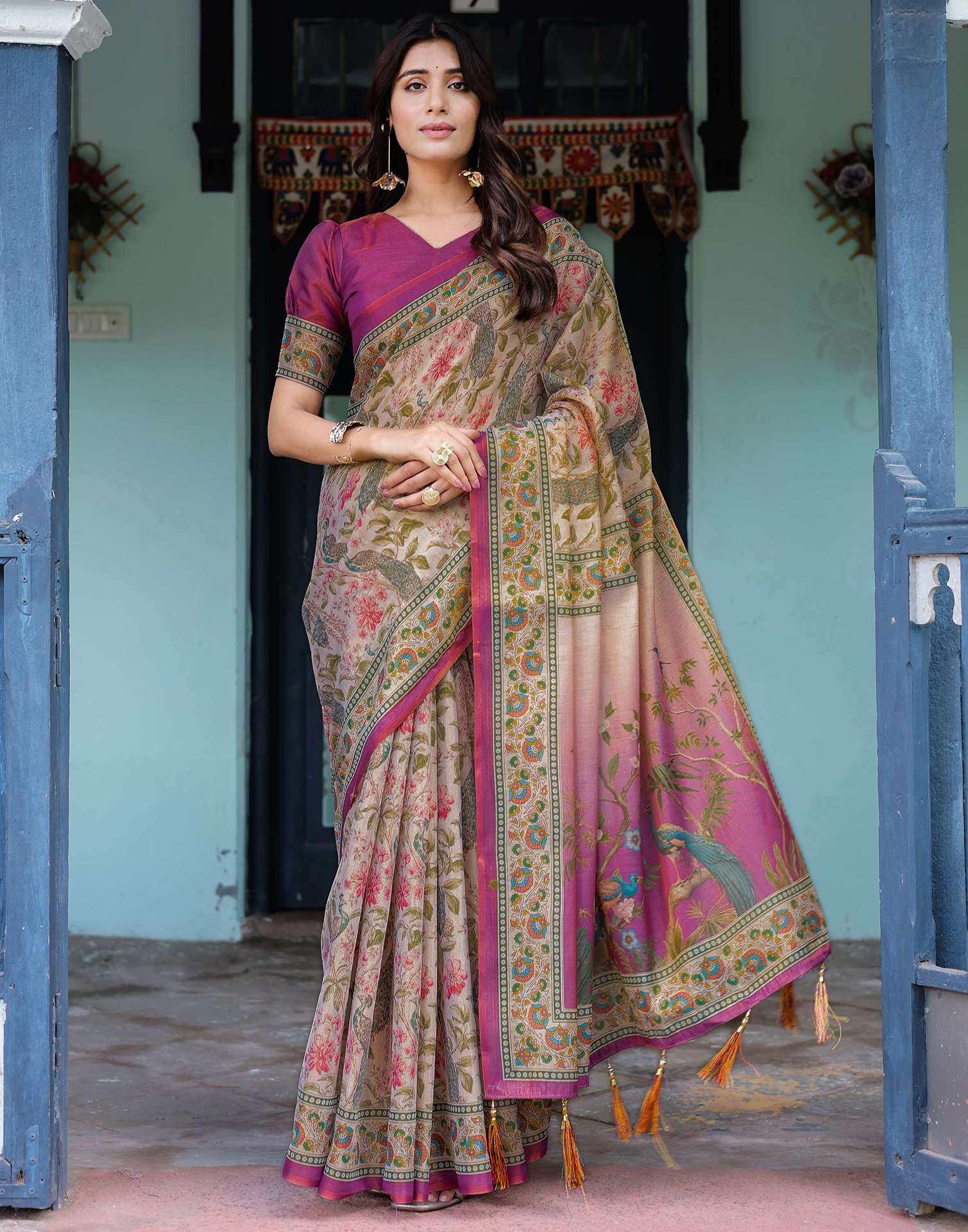 Light Rose Pink Shimmer Silk Printed Saree