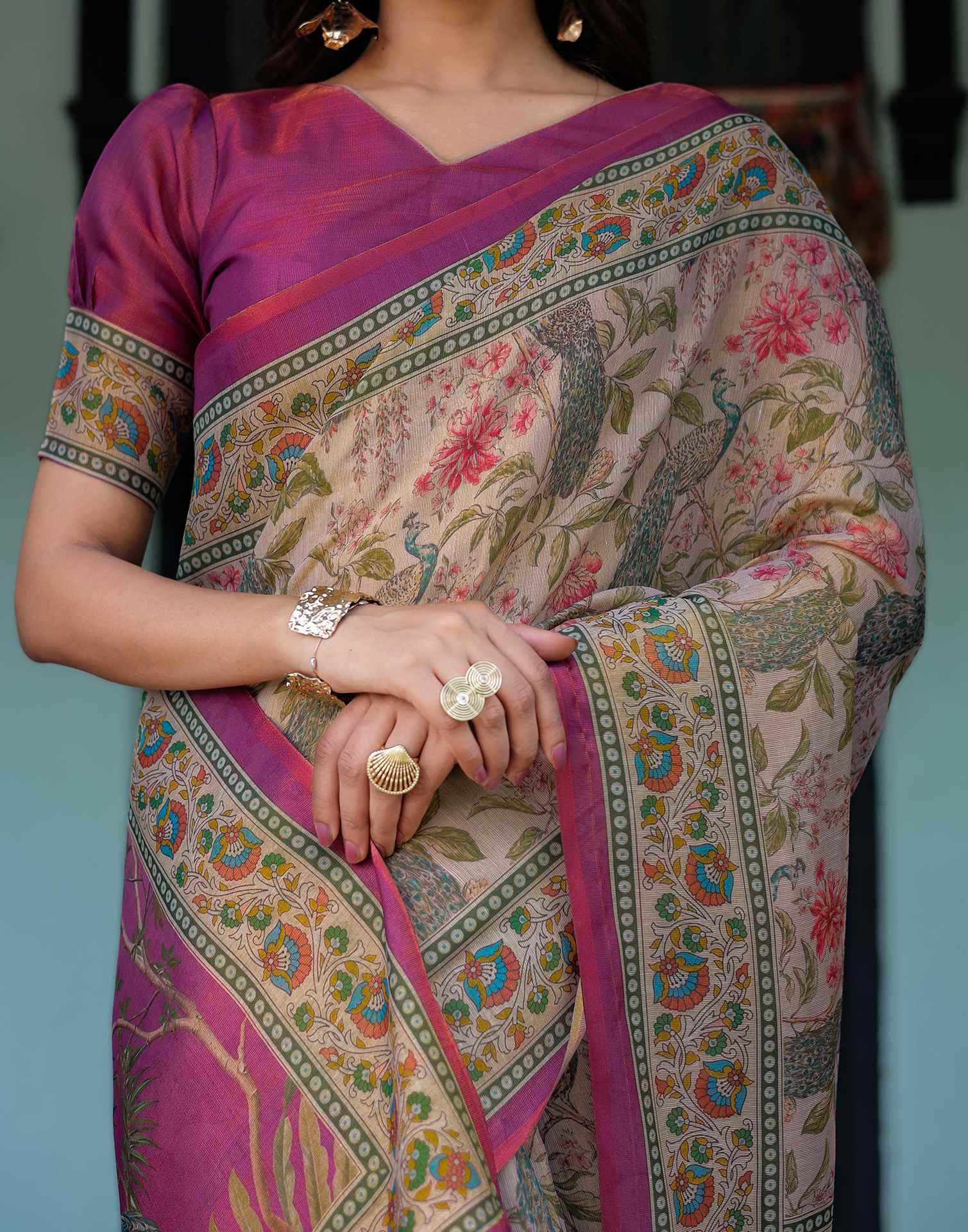 Light Rose Pink Shimmer Silk Printed Saree