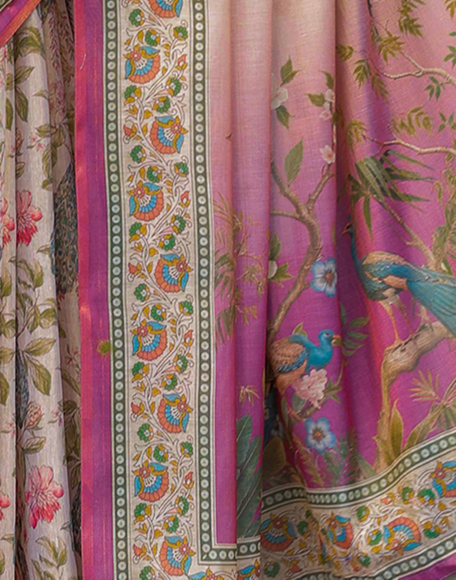 Light Rose Pink Shimmer Silk Printed Saree