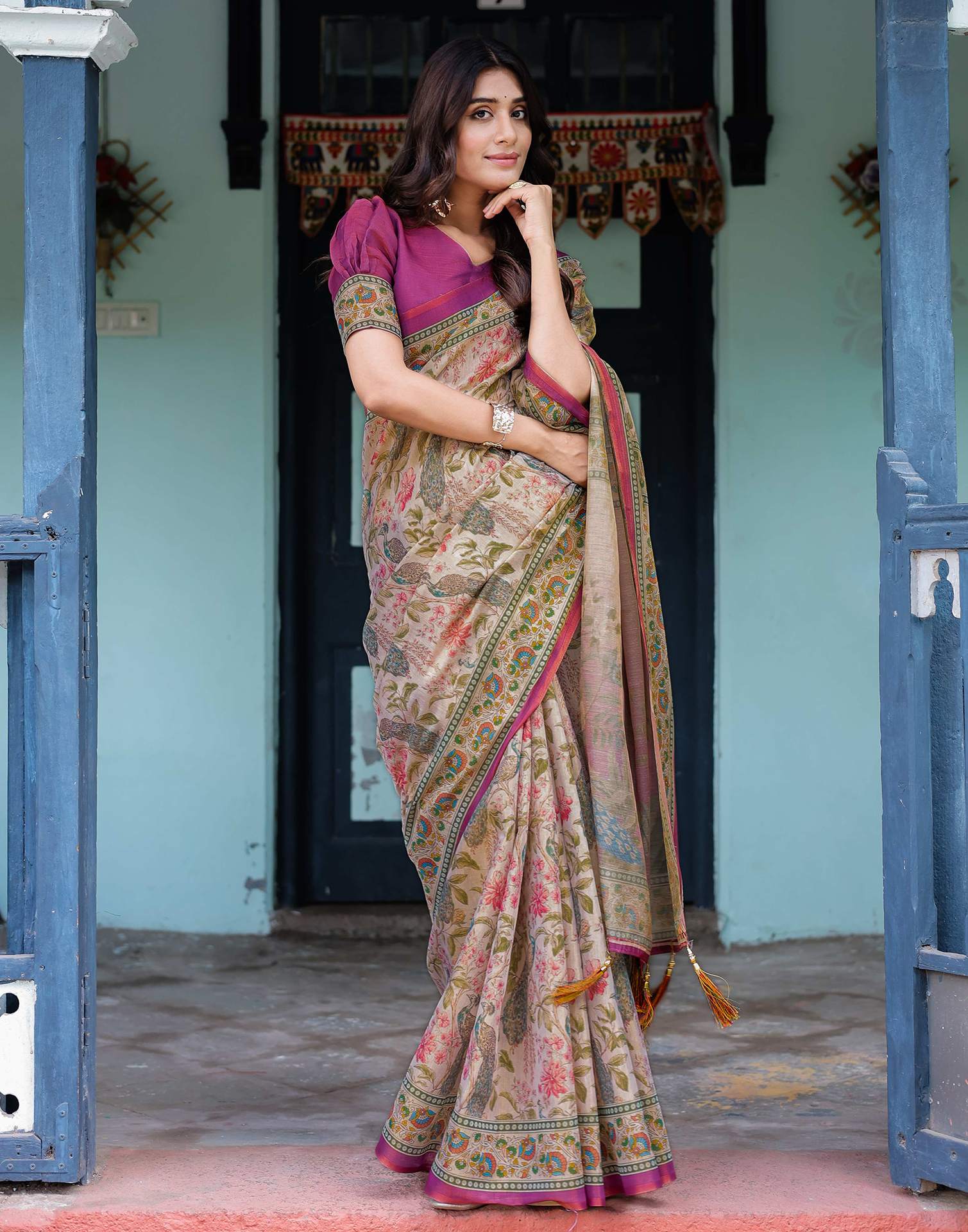 Light Rose Pink Shimmer Silk Printed Saree