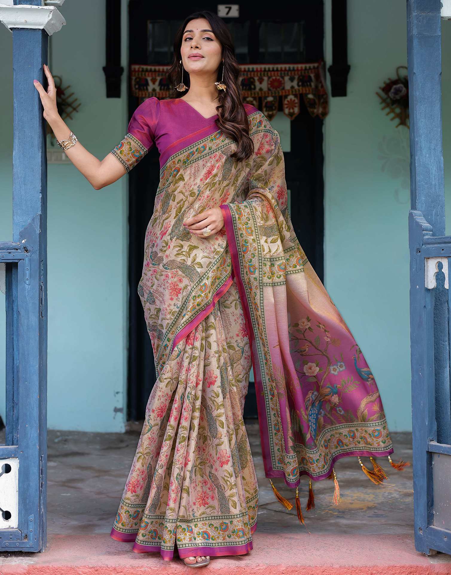 Light Rose Pink Shimmer Silk Printed Saree