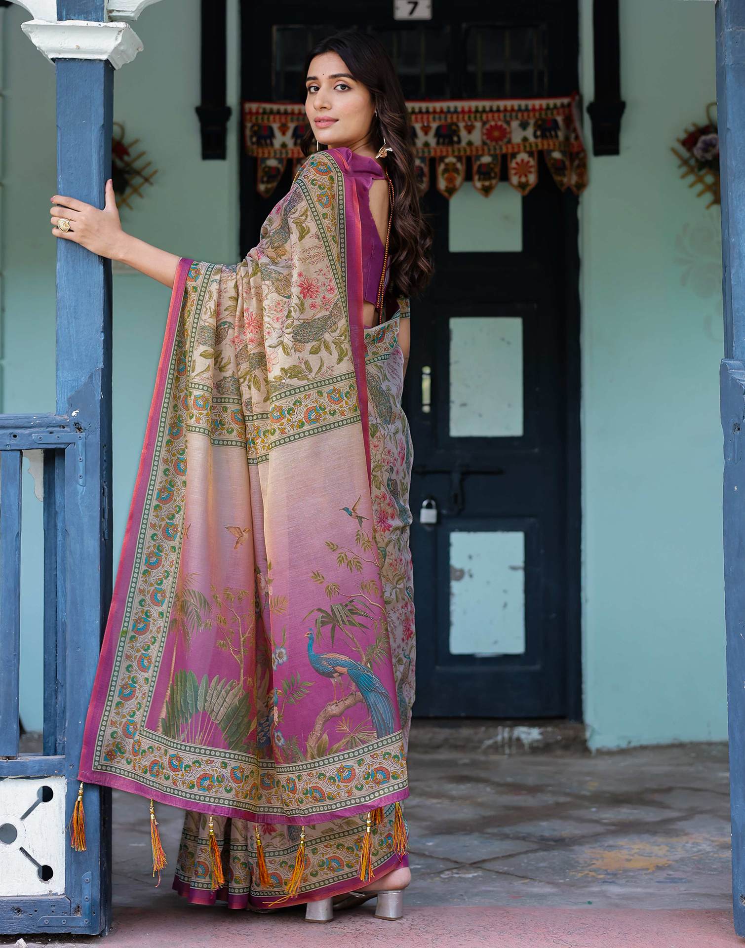 Light Rose Pink Shimmer Silk Printed Saree
