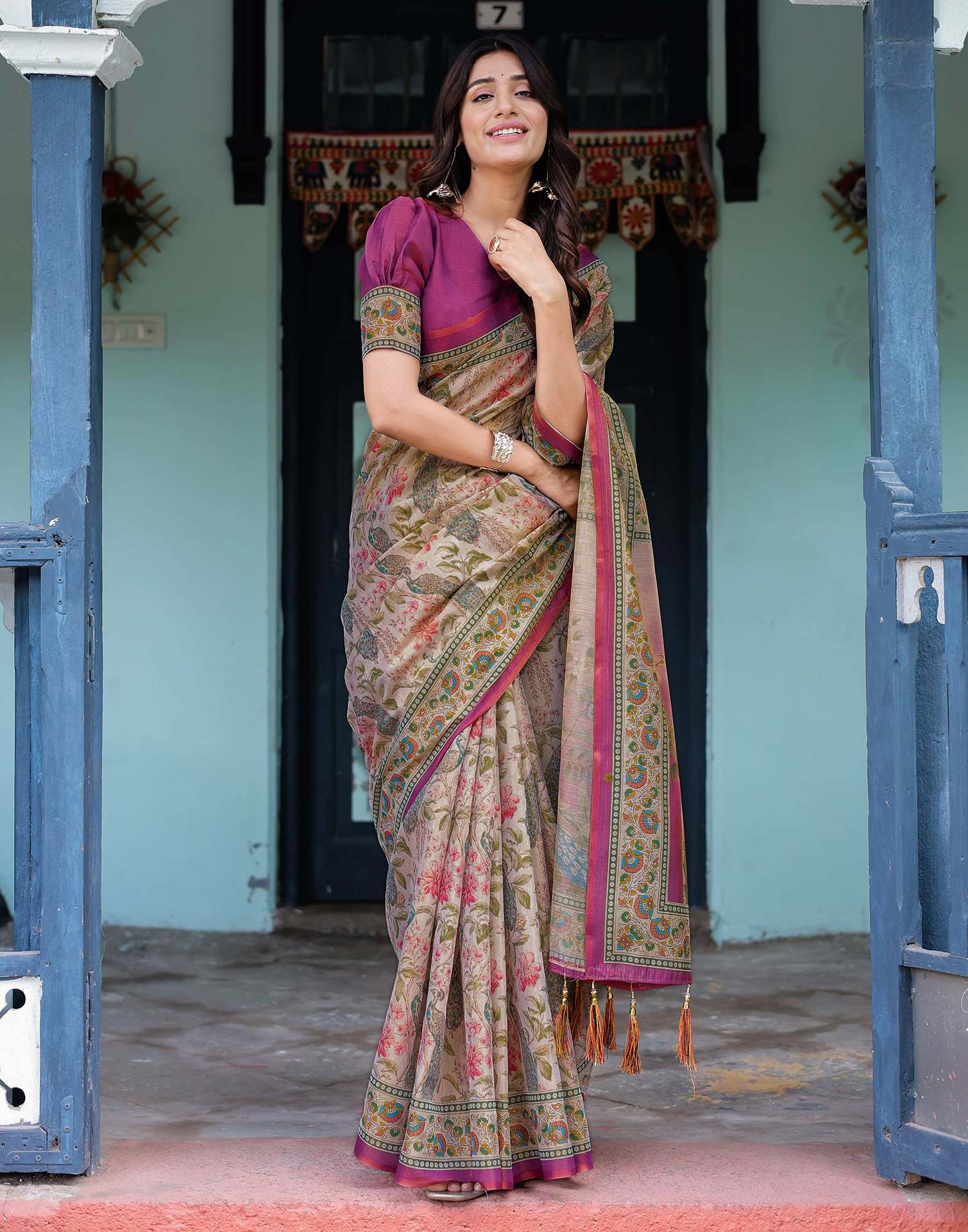 Light Rose Pink Shimmer Silk Printed Saree