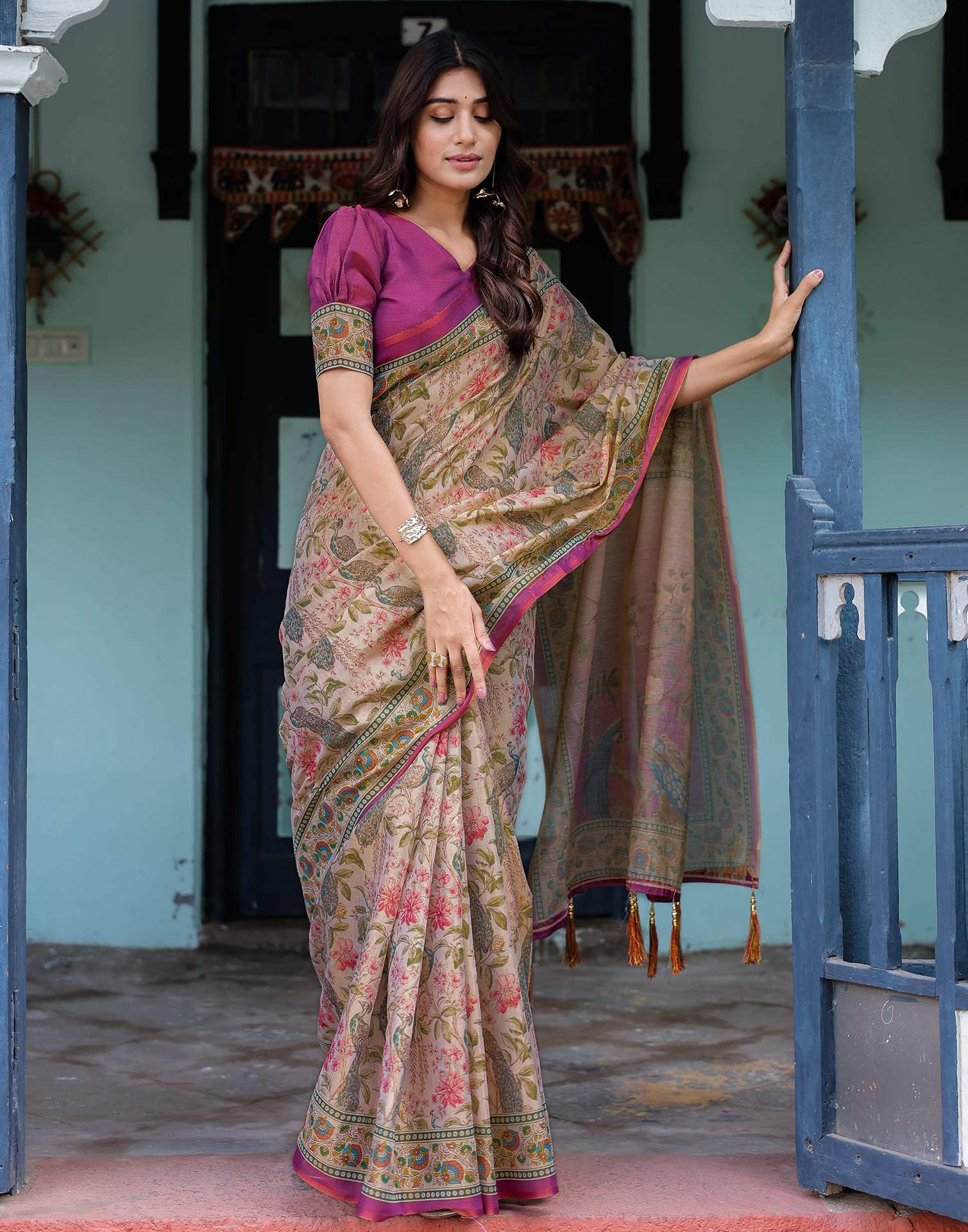 Light Rose Pink Shimmer Silk Printed Saree
