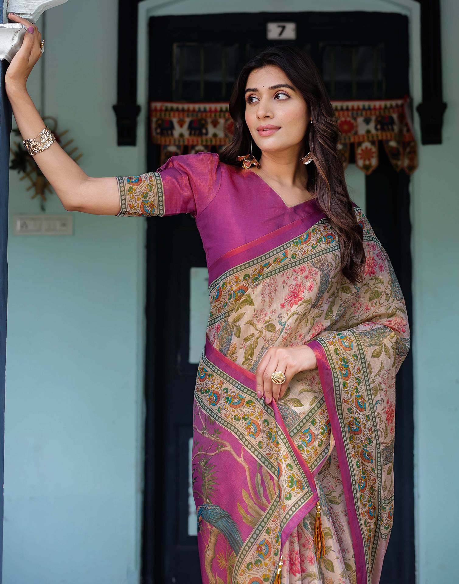 Light Rose Pink Shimmer Silk Printed Saree