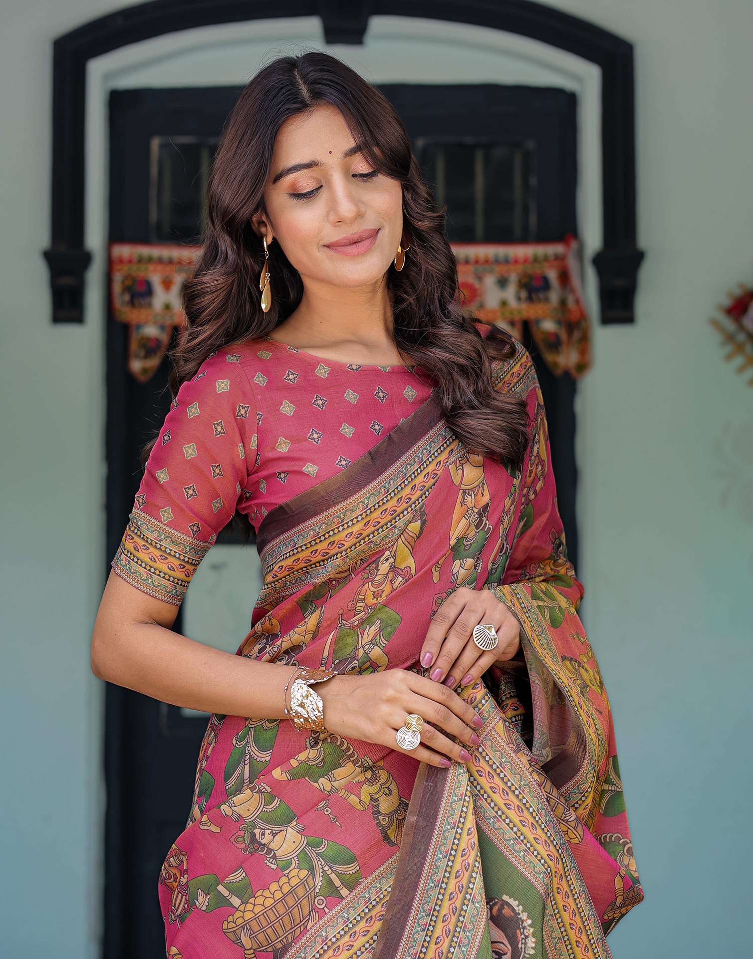 Pink Shimmer Silk Printed Saree