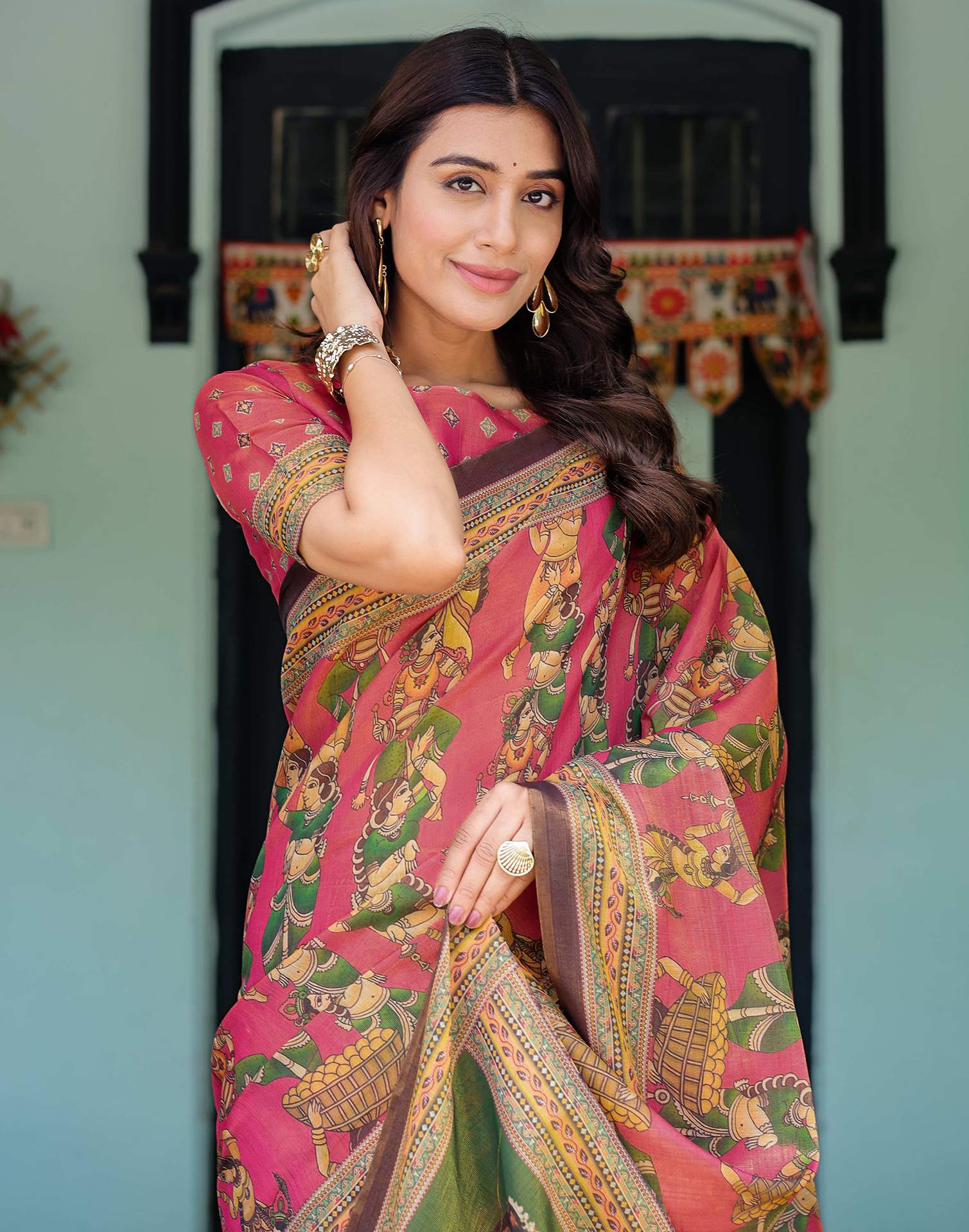 Pink Shimmer Silk Printed Saree