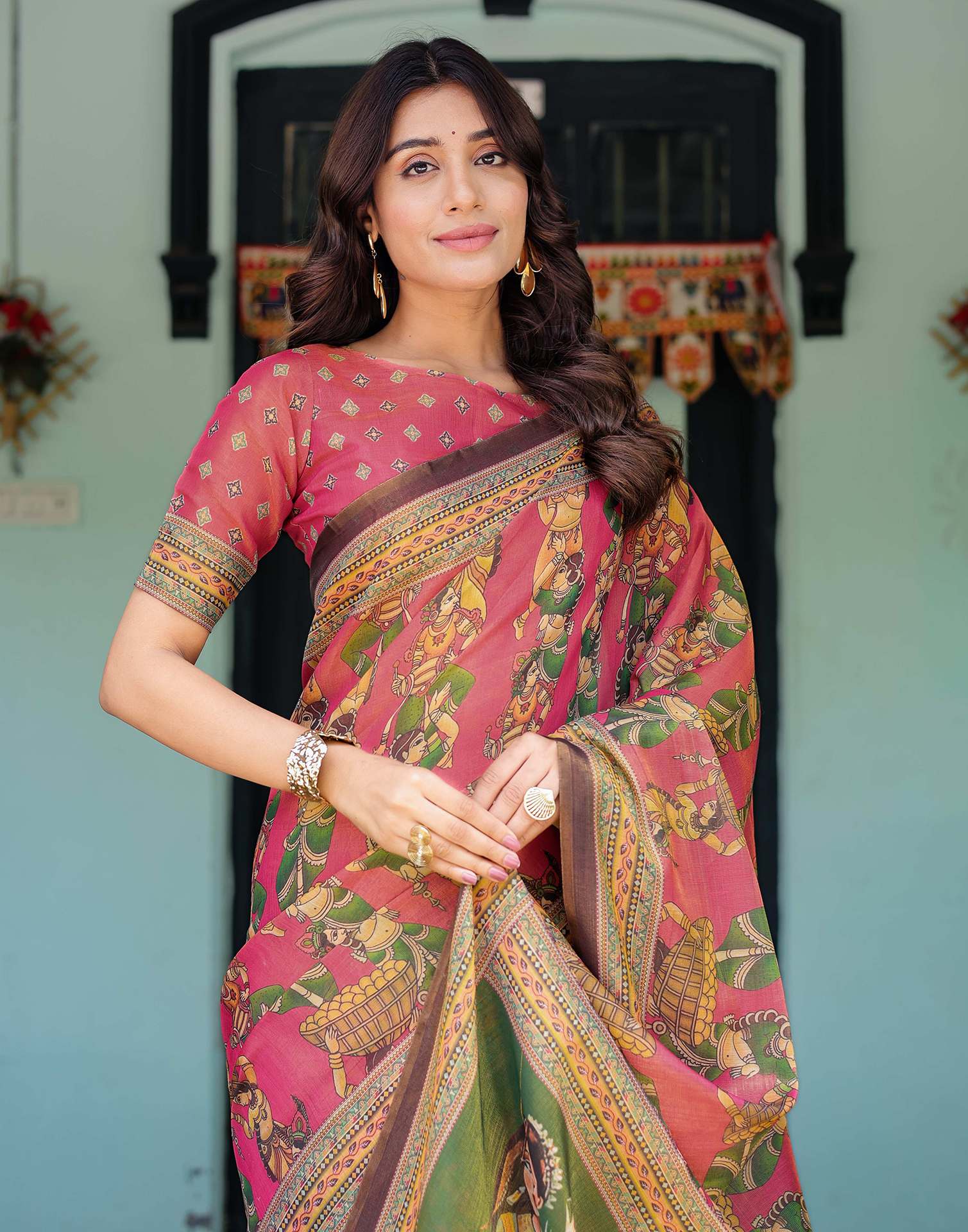 Pink Shimmer Silk Printed Saree