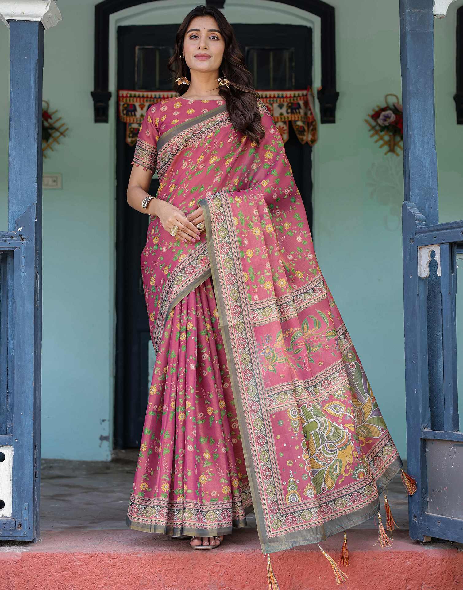 Dusty Rose Pink Shimmer Silk Printed Saree