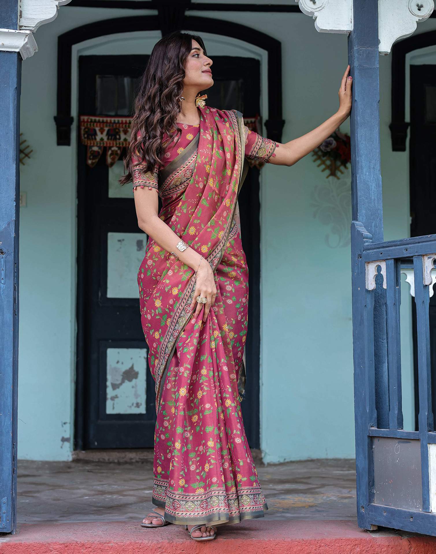 Dusty Rose Pink Shimmer Silk Printed Saree