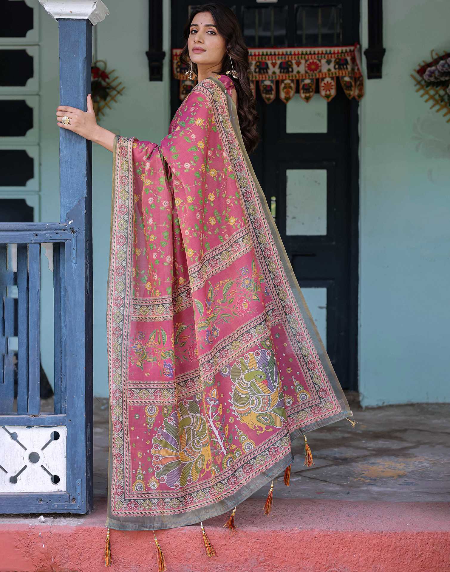 Dusty Rose Pink Shimmer Silk Printed Saree