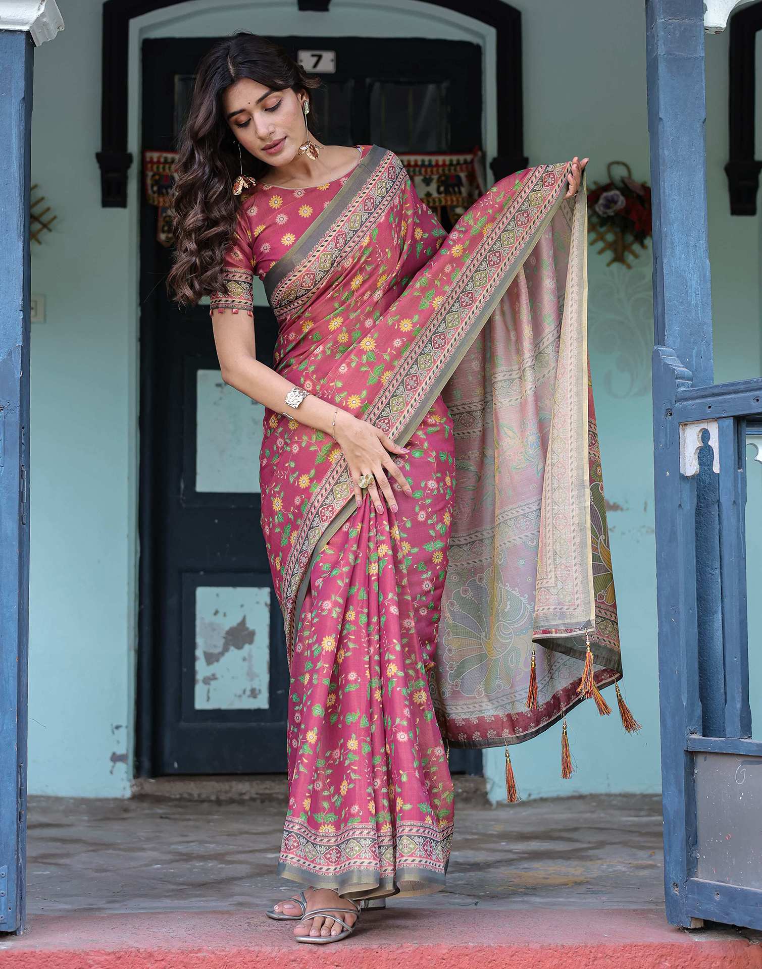 Dusty Rose Pink Shimmer Silk Printed Saree