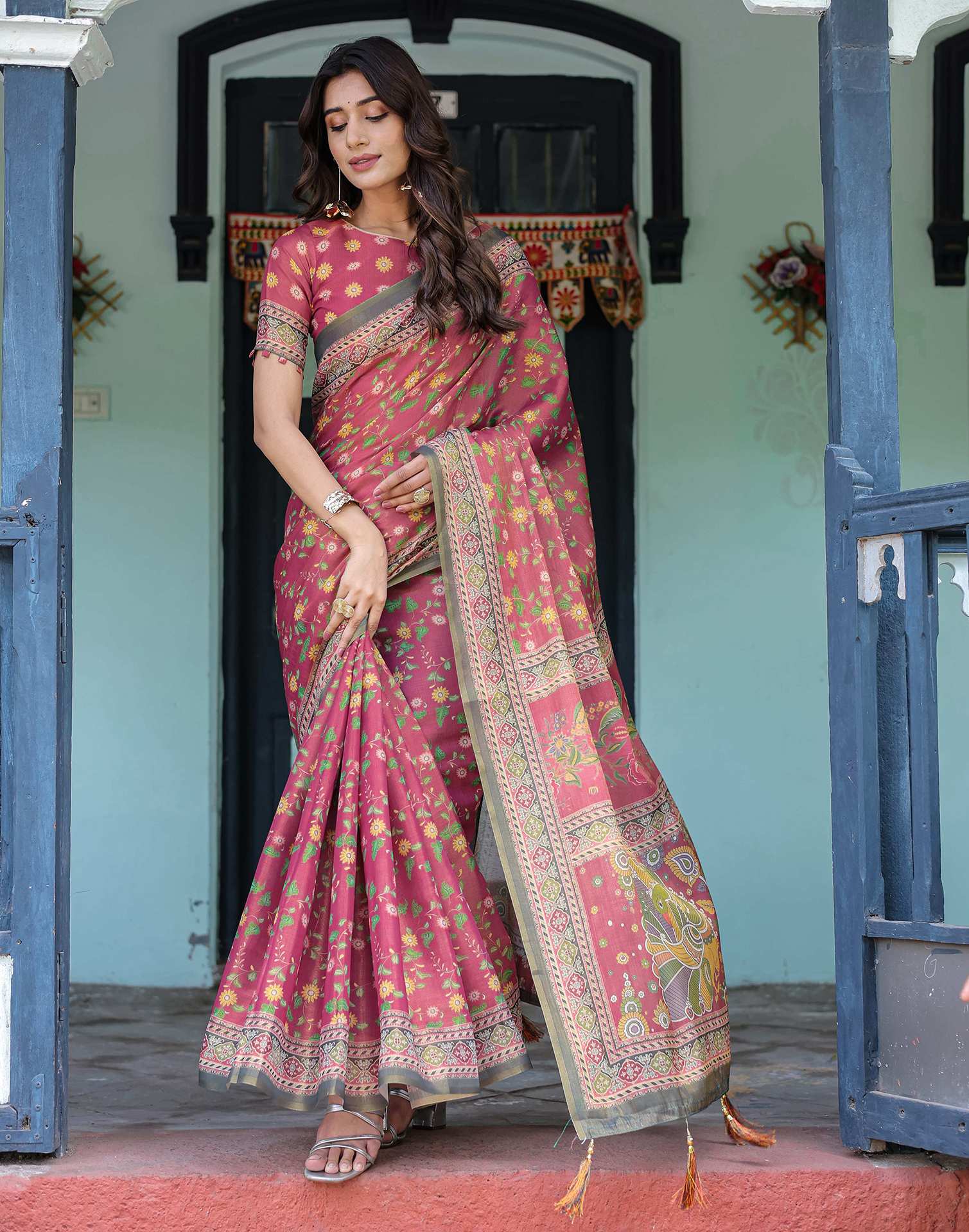Dusty Rose Pink Shimmer Silk Printed Saree