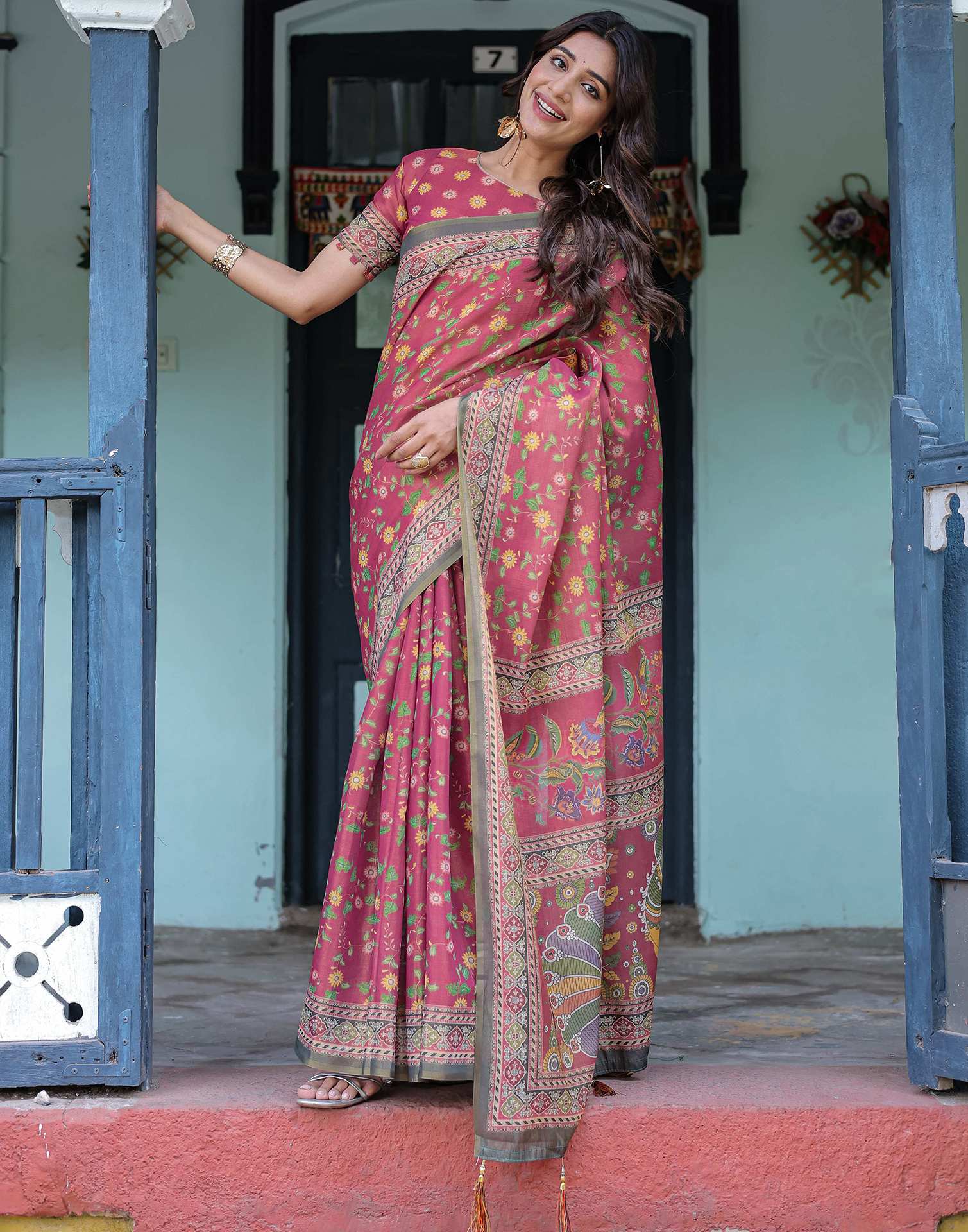 Dusty Rose Pink Shimmer Silk Printed Saree
