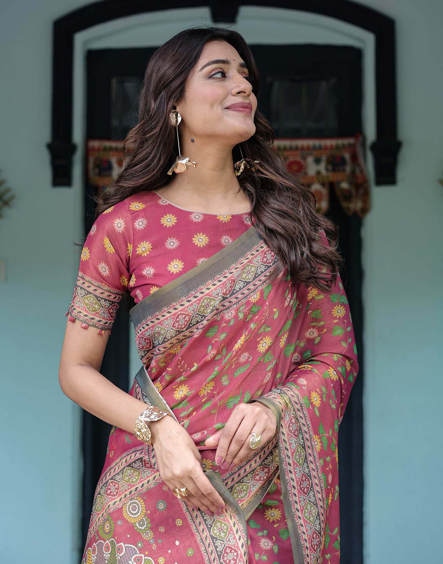 Dusty Rose Pink Shimmer Silk Printed Saree