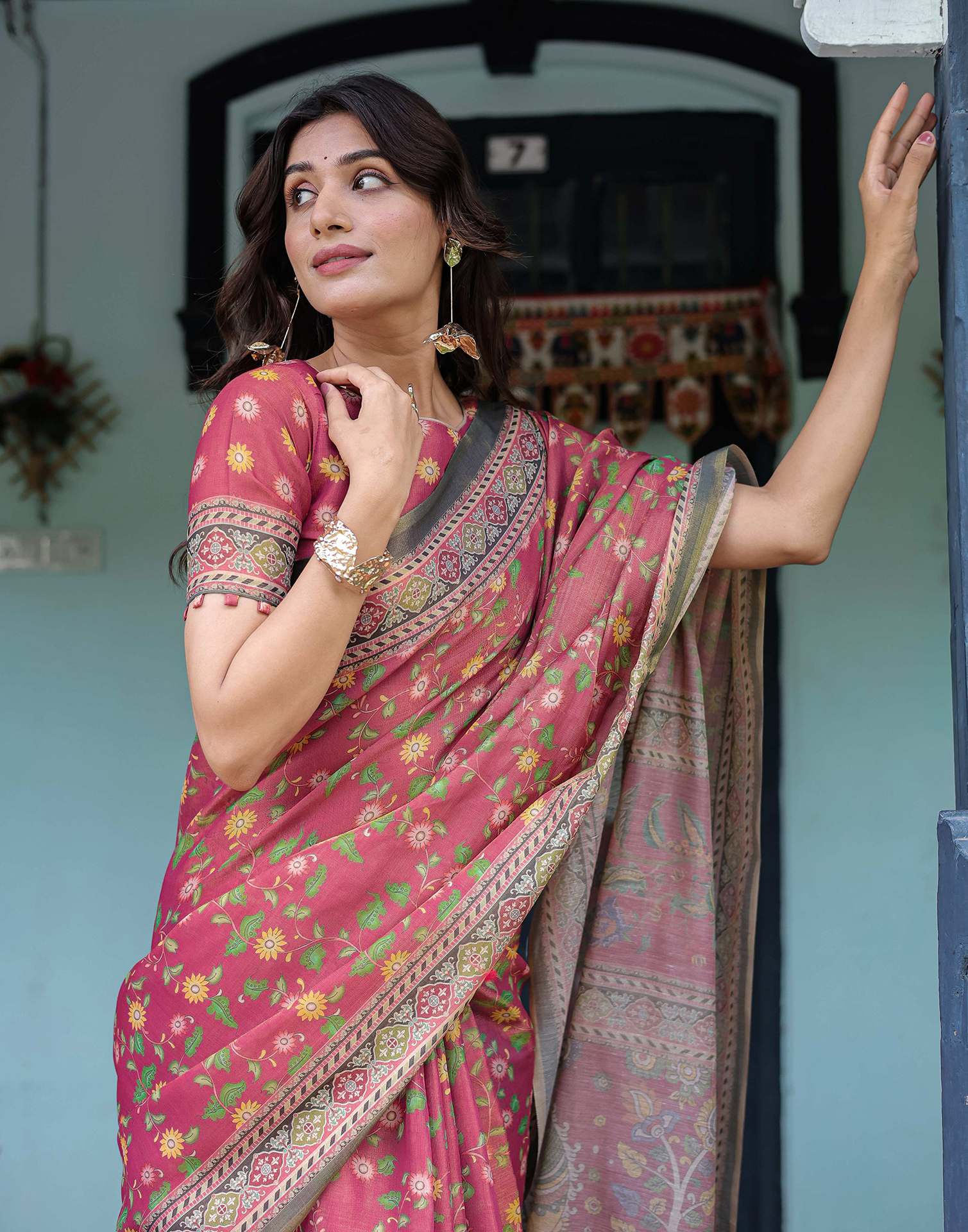 Dusty Rose Pink Shimmer Silk Printed Saree