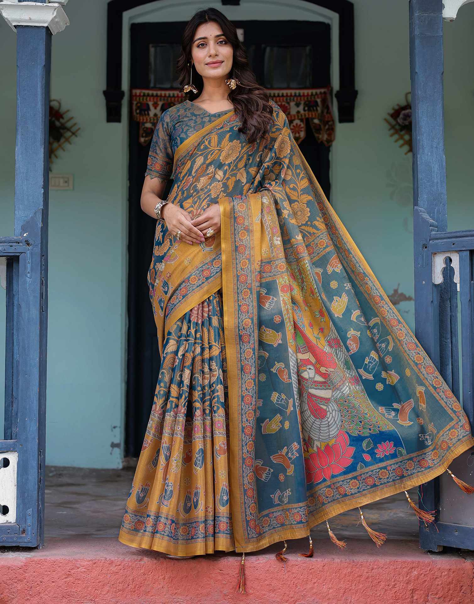 Dusty Blue Shimmer Silk Printed Kalamkari Saree