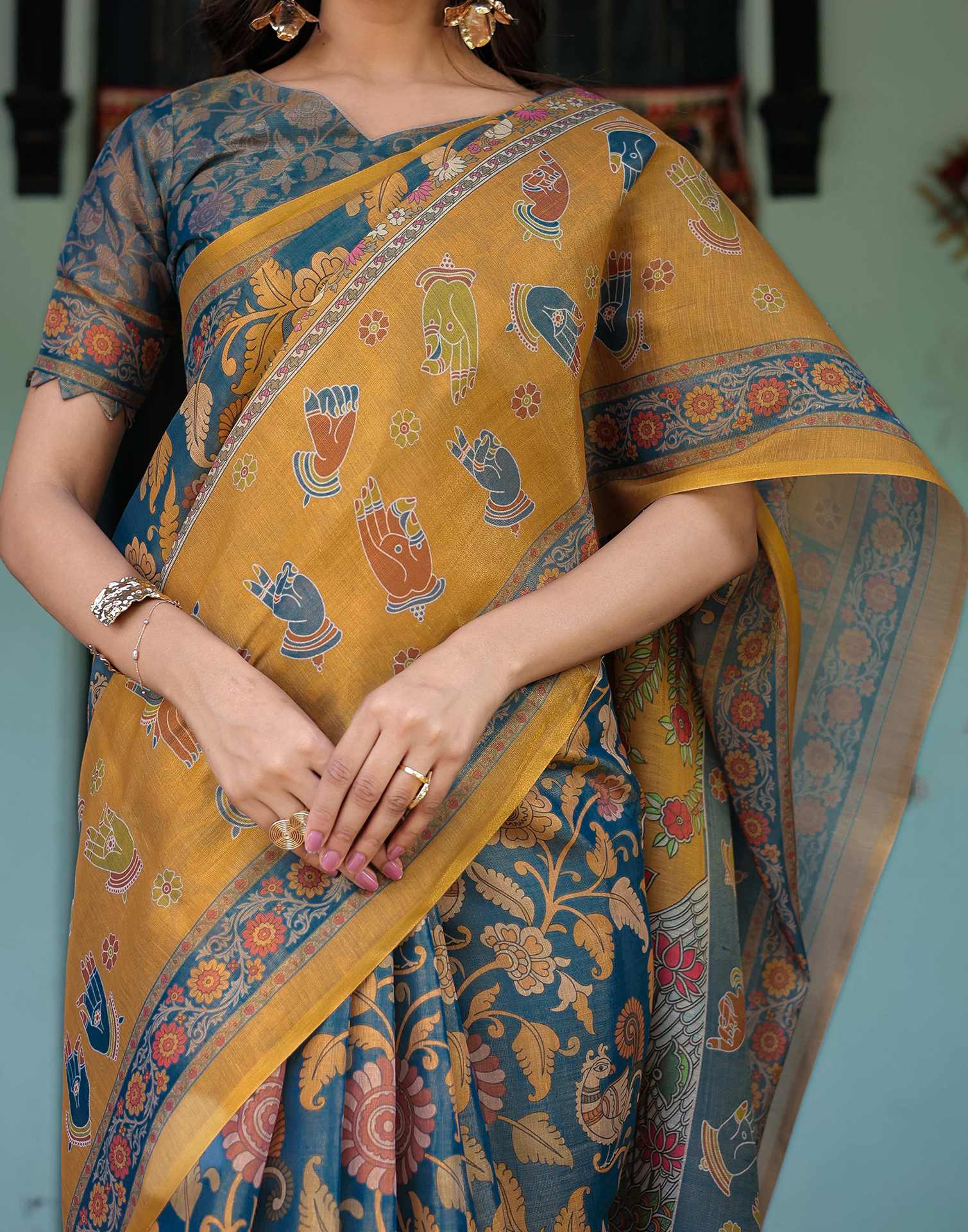 Dusty Blue Shimmer Silk Printed Kalamkari Saree