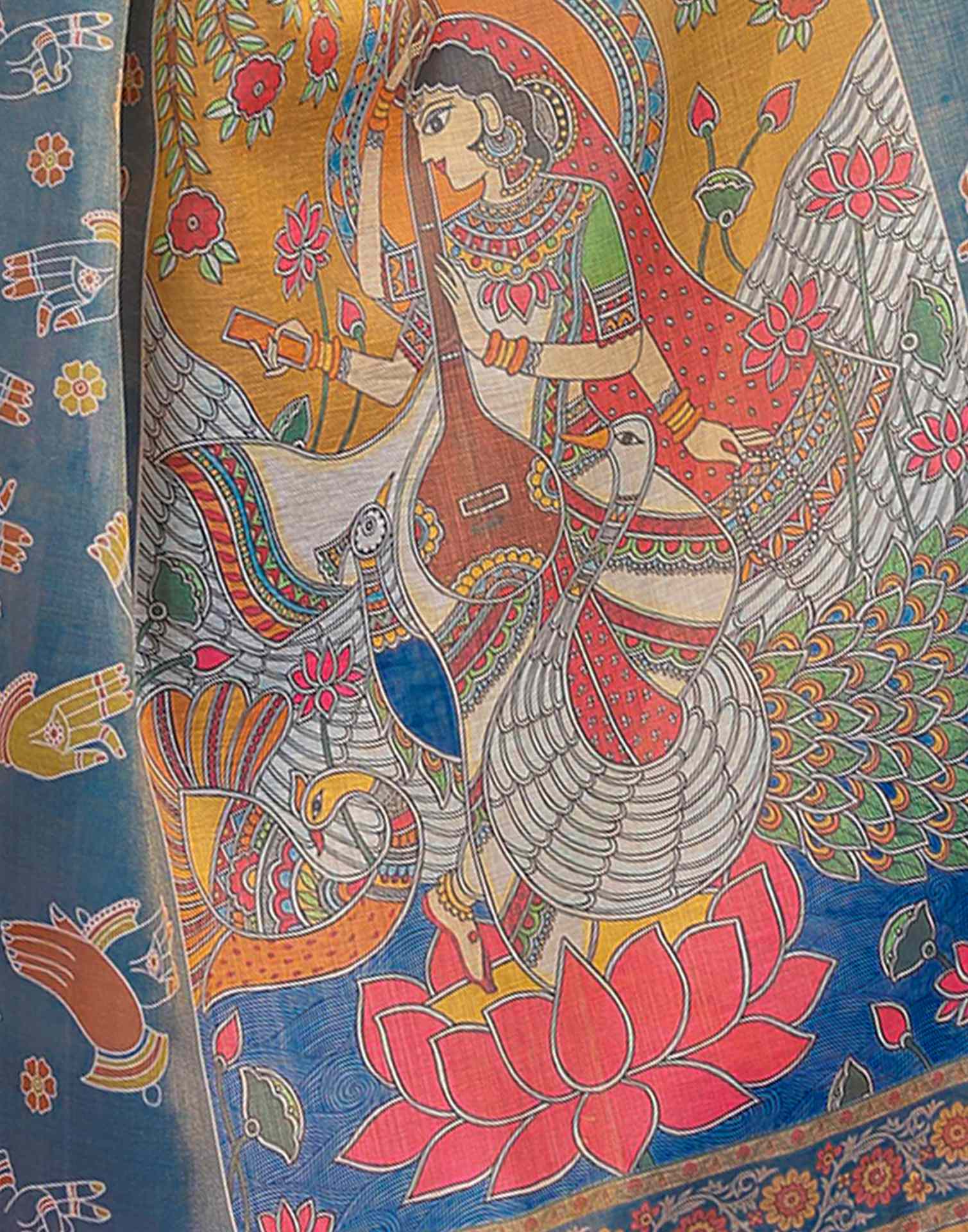 Dusty Blue Shimmer Silk Printed Kalamkari Saree