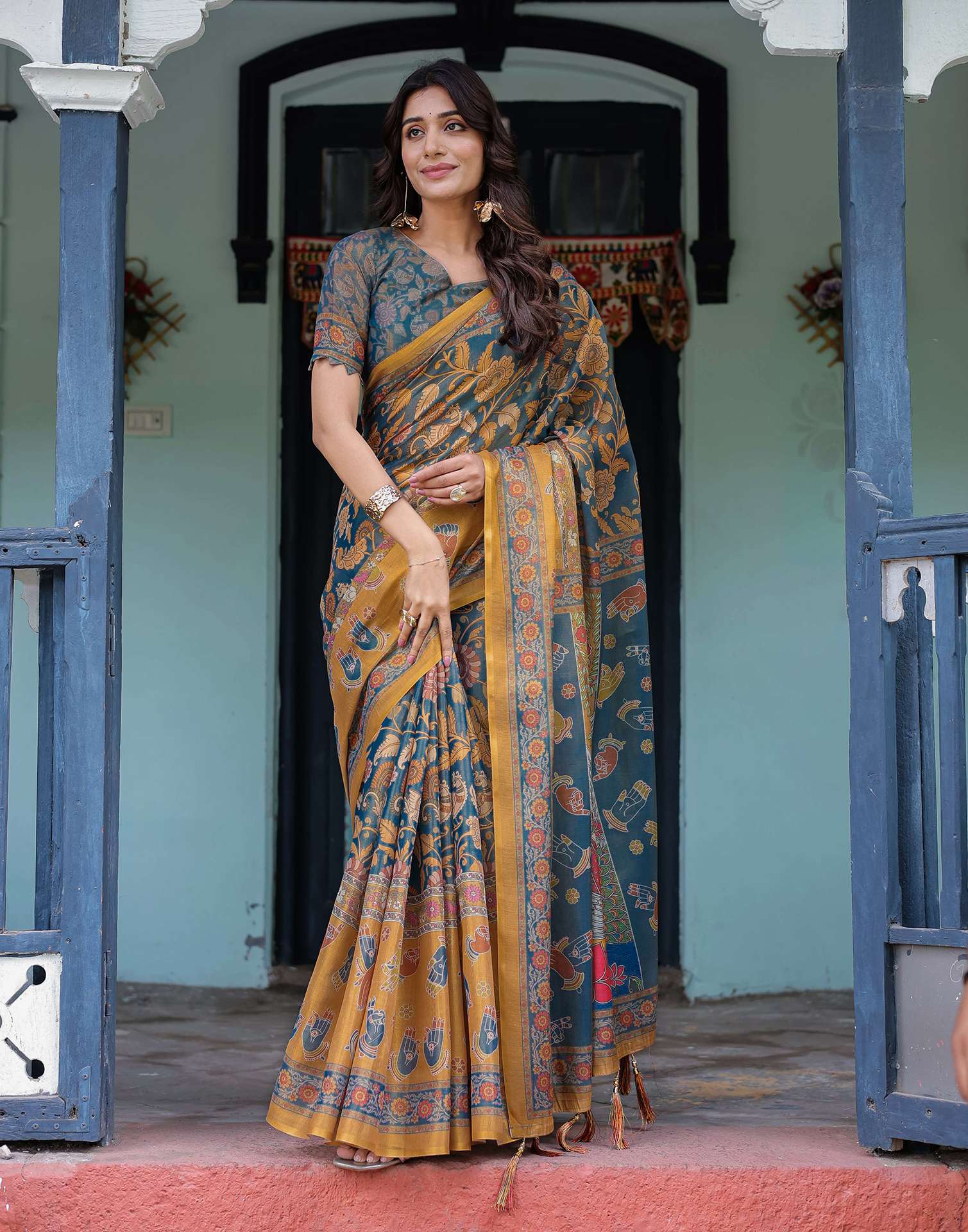 Dusty Blue Shimmer Silk Printed Kalamkari Saree
