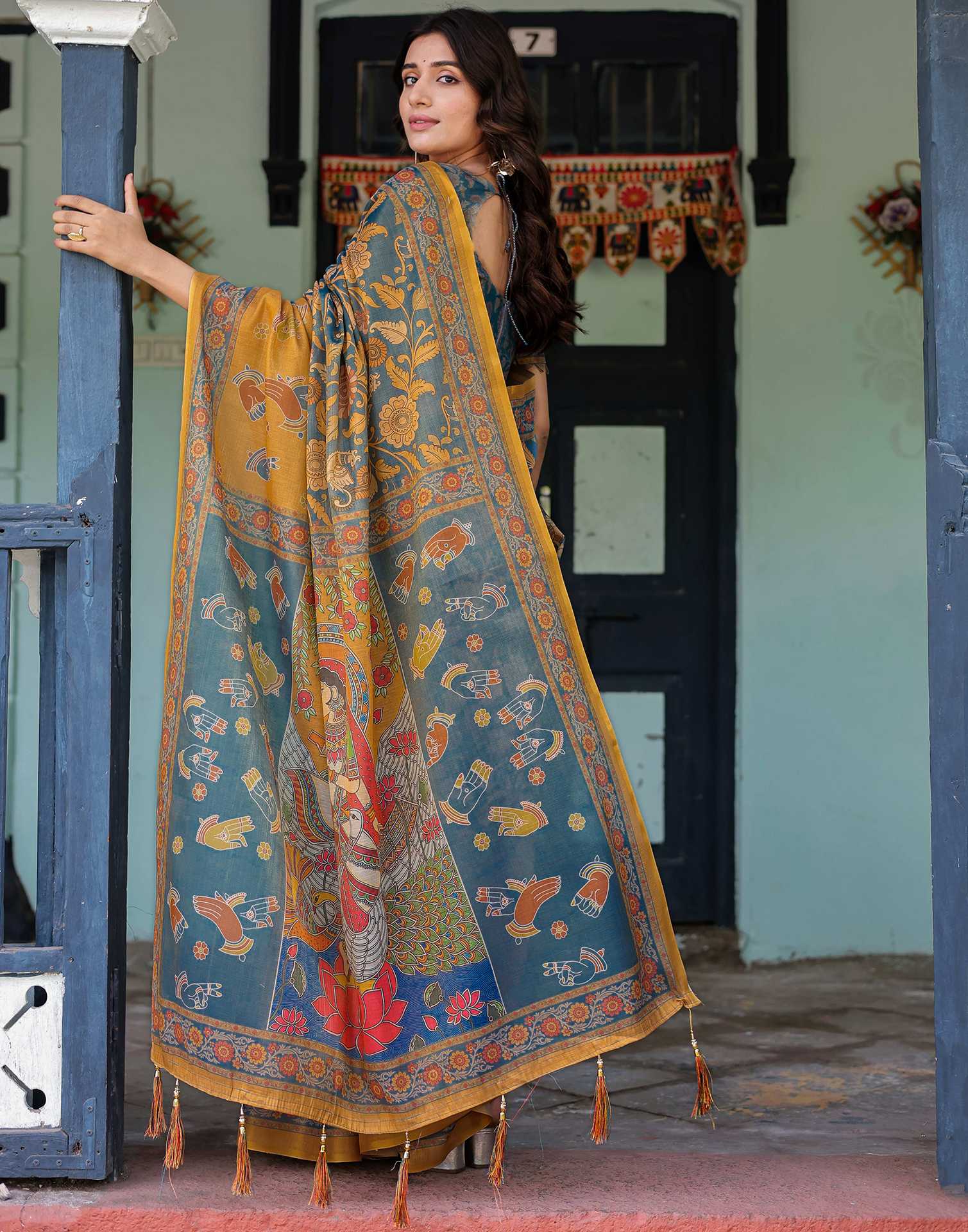 Dusty Blue Shimmer Silk Printed Kalamkari Saree