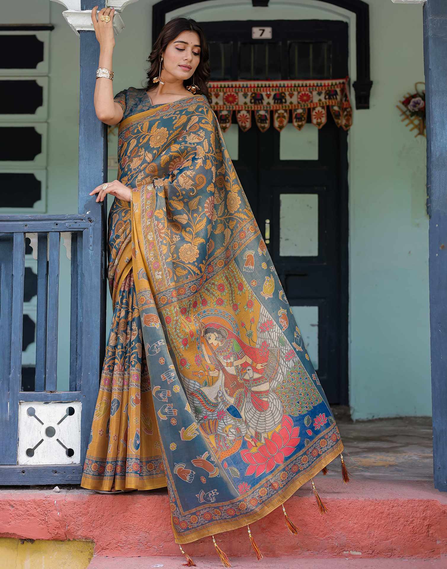 Dusty Blue Shimmer Silk Printed Kalamkari Saree