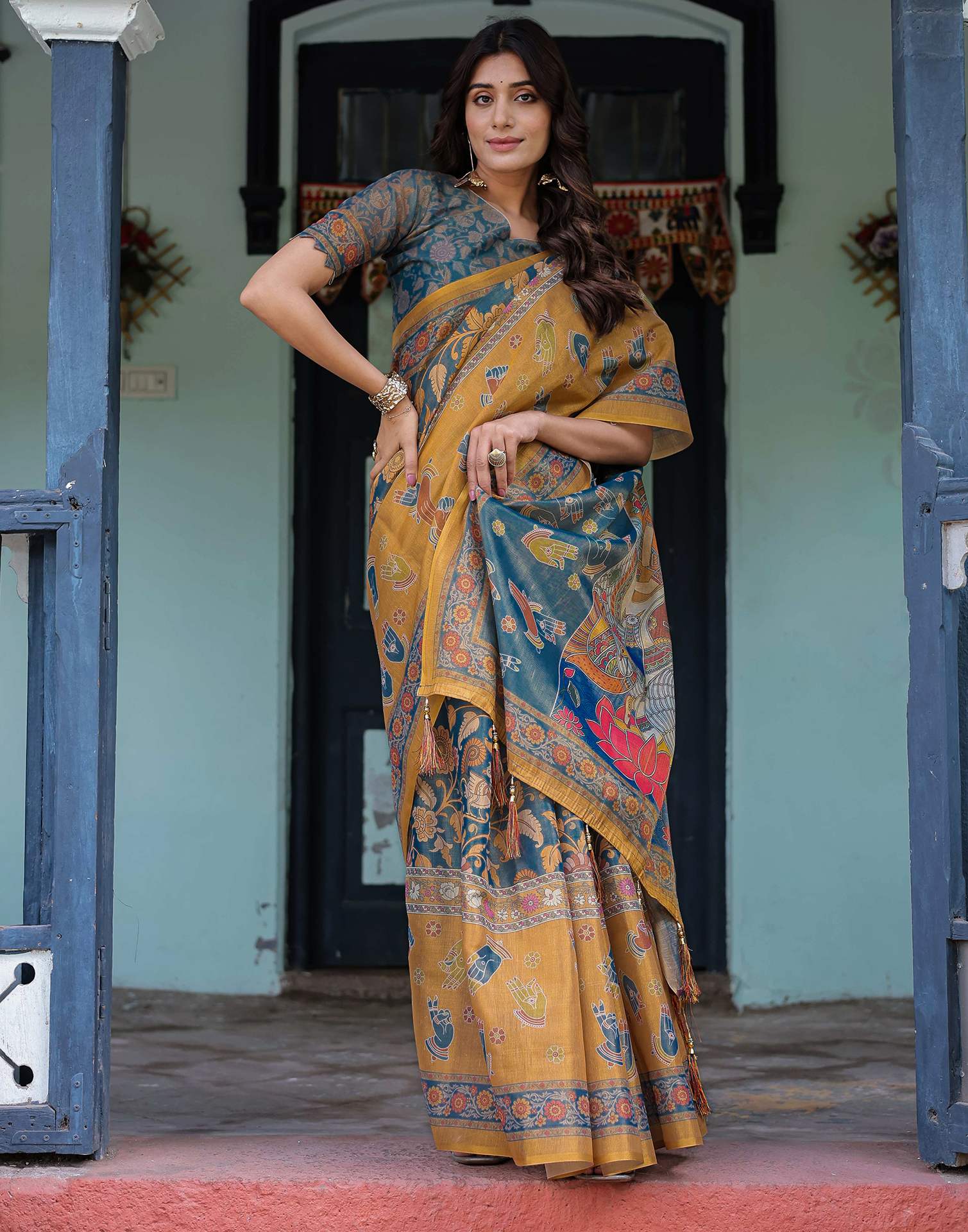 Dusty Blue Shimmer Silk Printed Kalamkari Saree