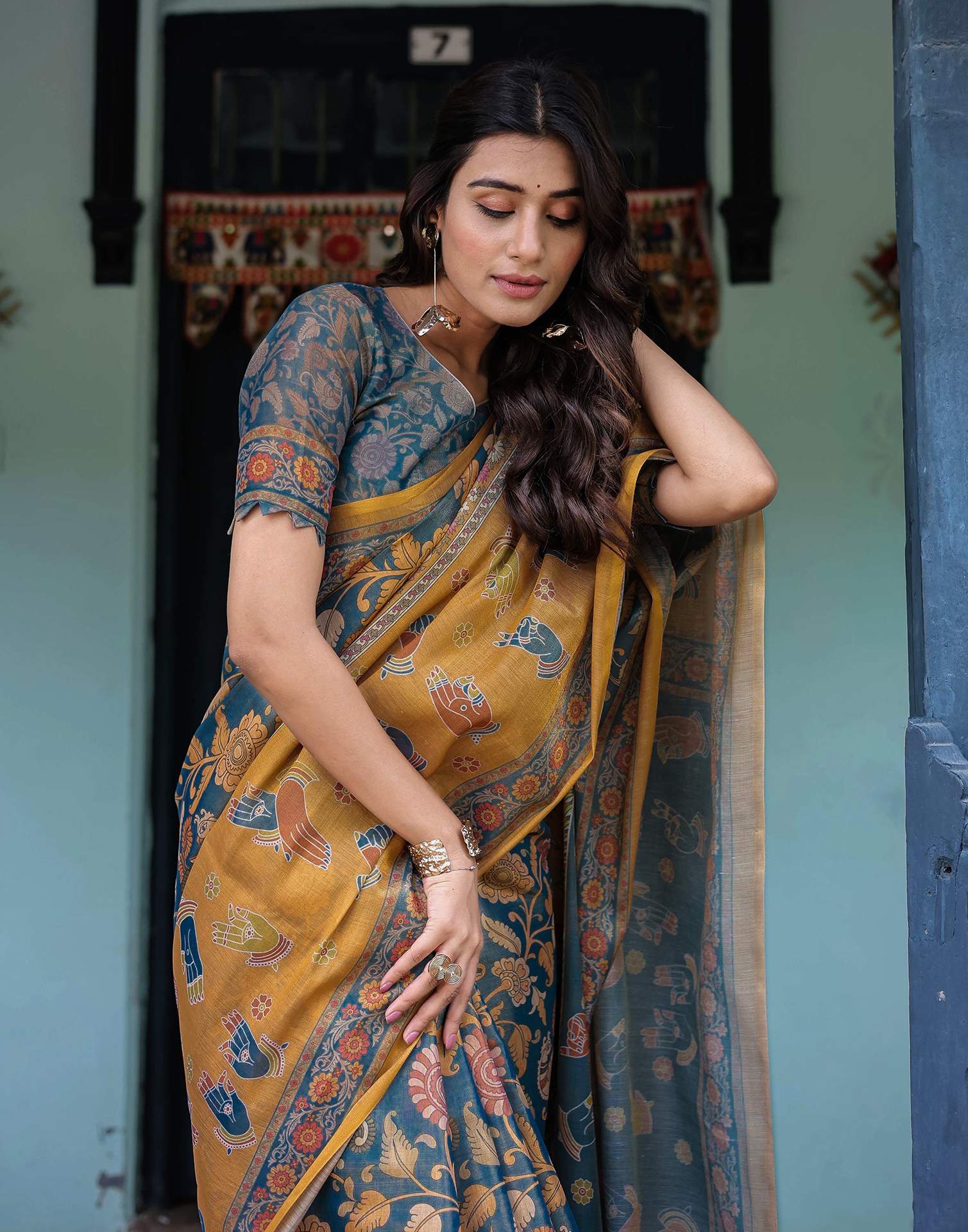 Dusty Blue Shimmer Silk Printed Kalamkari Saree