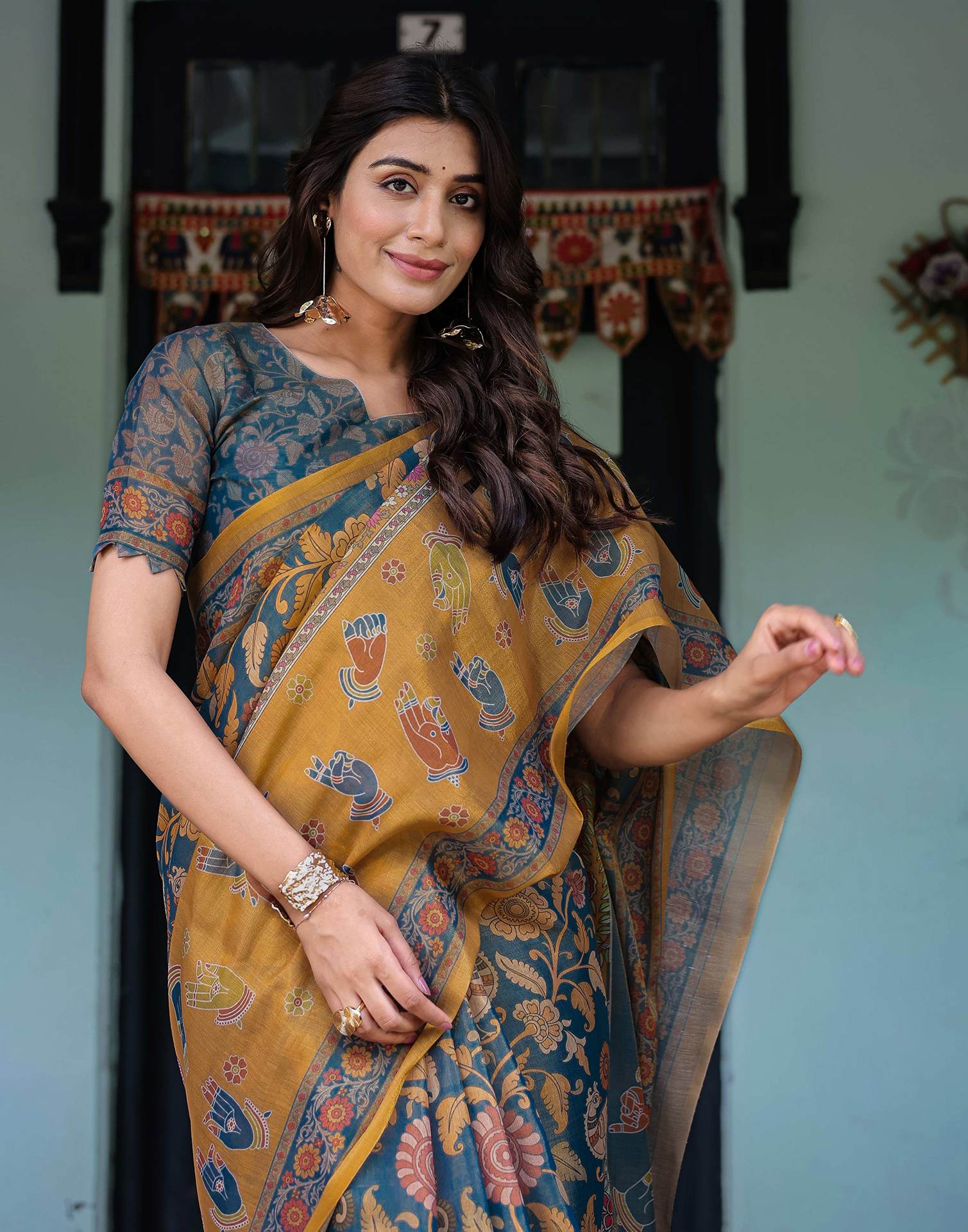 Dusty Blue Shimmer Silk Printed Kalamkari Saree