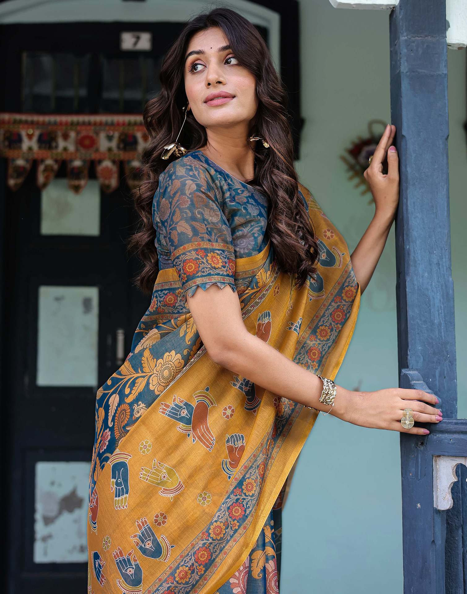 Dusty Blue Shimmer Silk Printed Kalamkari Saree