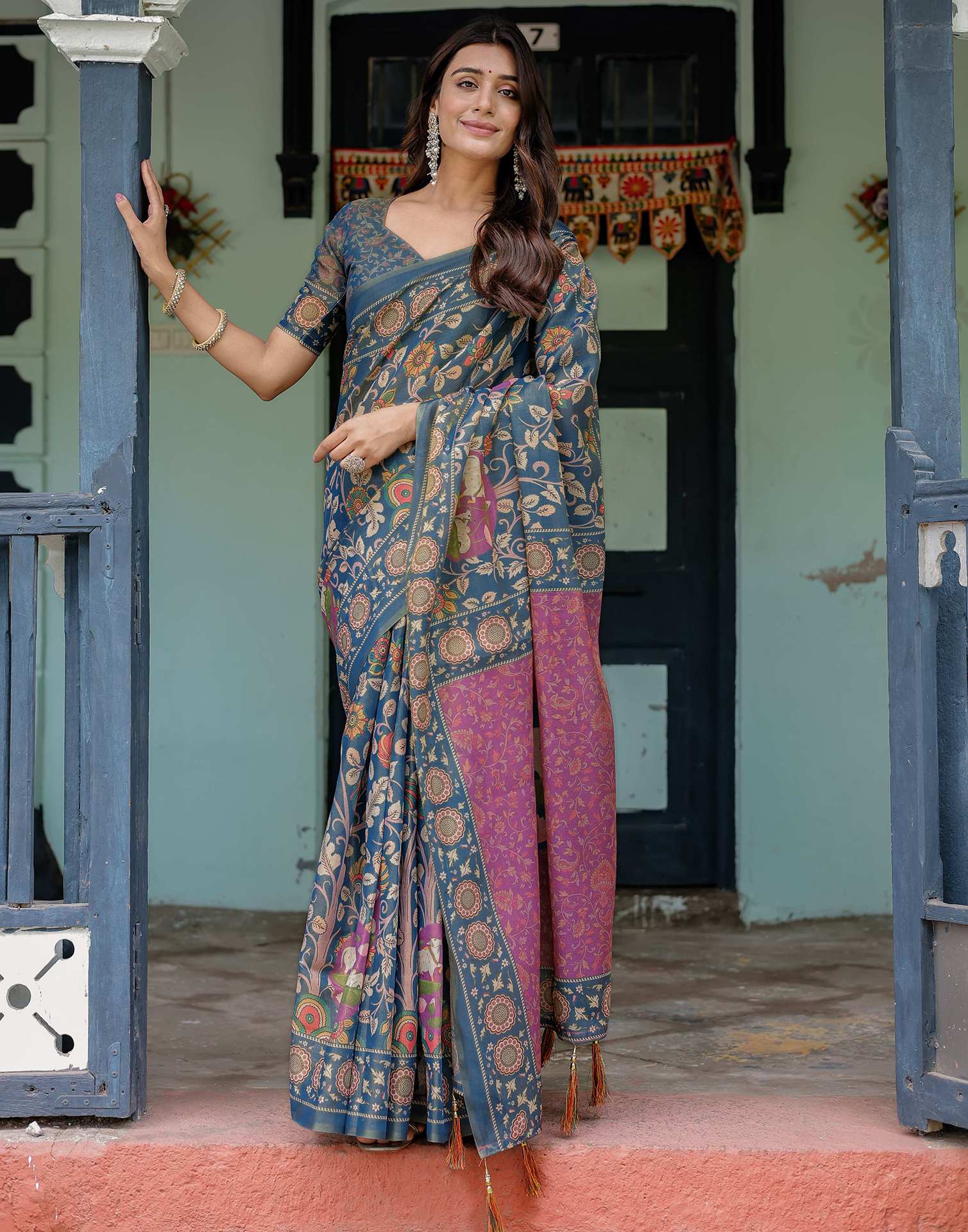 Light Navy Blue Shimmer Silk Printed Kalamkari Saree