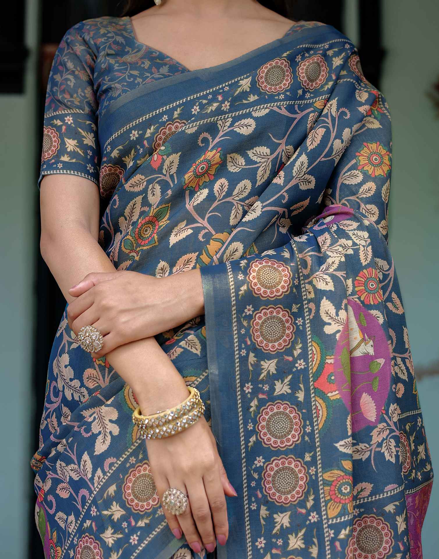 Light Navy Blue Shimmer Silk Printed Kalamkari Saree