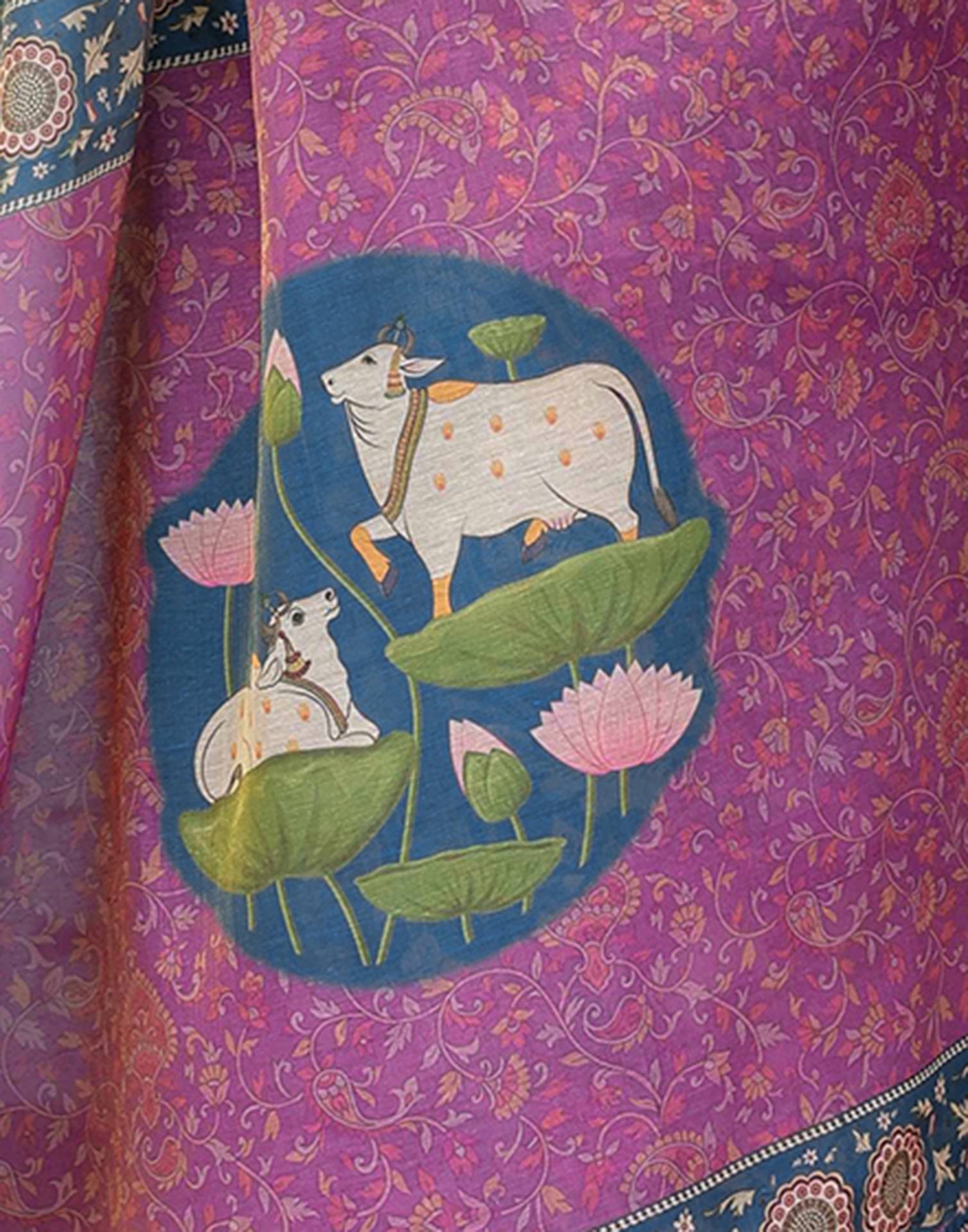 Light Navy Blue Shimmer Silk Printed Kalamkari Saree